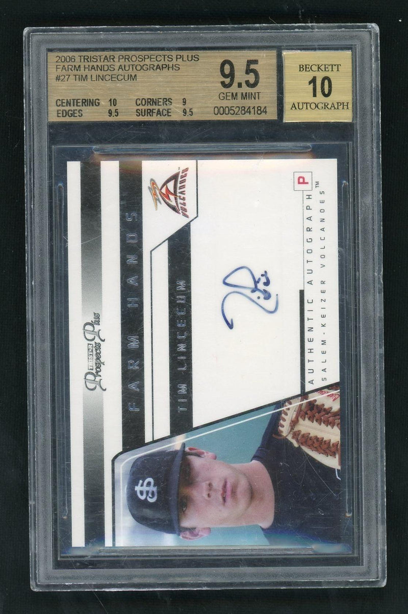 2006 Tristar Prospects Plus Farm Hands Autograph Tim Lincecum #FH27 BGS 9.5