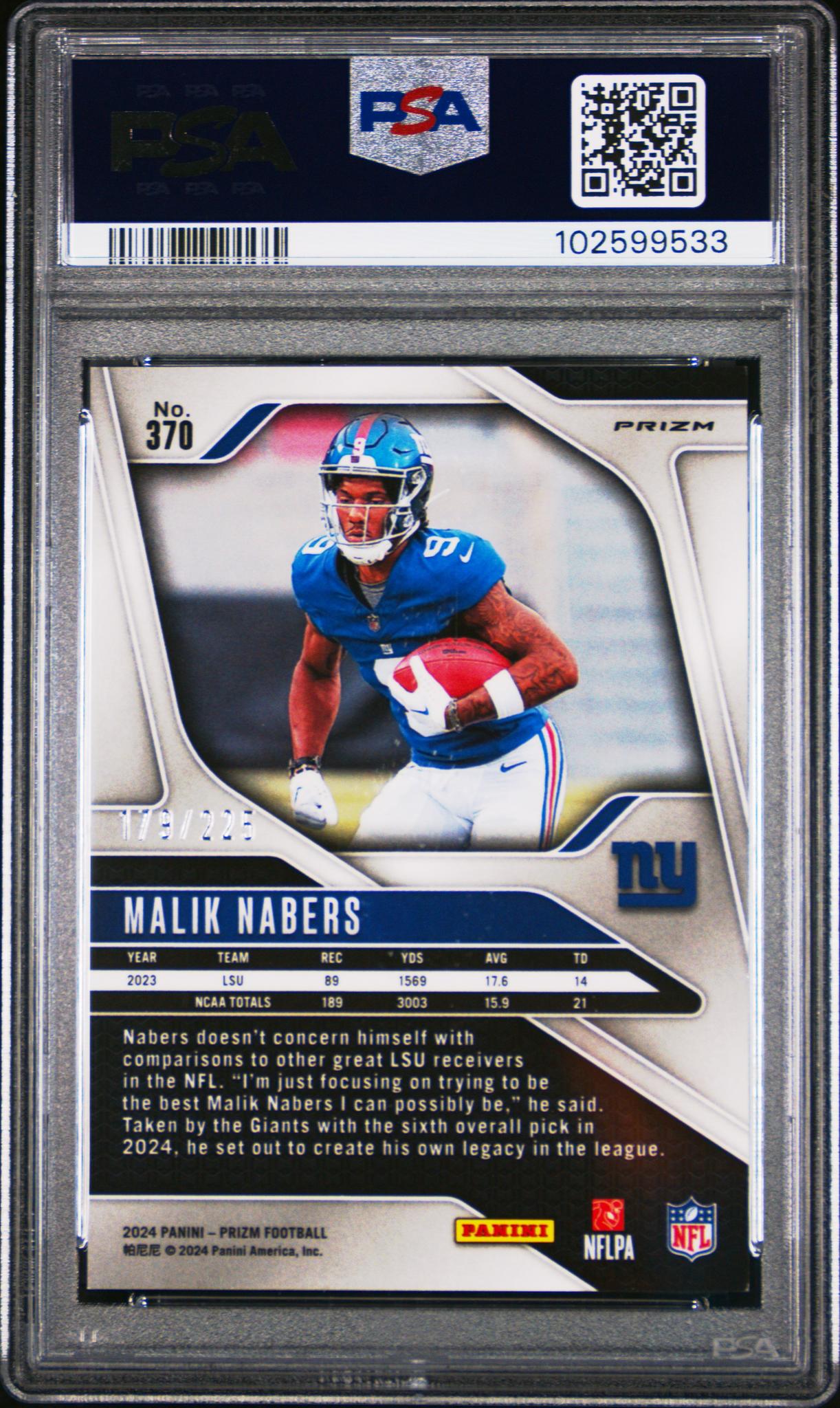 2024 Panini Prizm Purple Ice Malik Nabers #370 RC /225 PSA 9