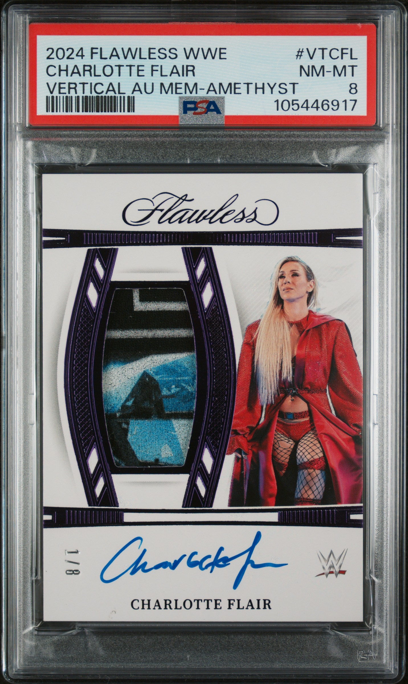 2024 Panini Flawless WWE Amethyst Charlotte Flair #VT-CFL Patch Auto /8 PSA 8