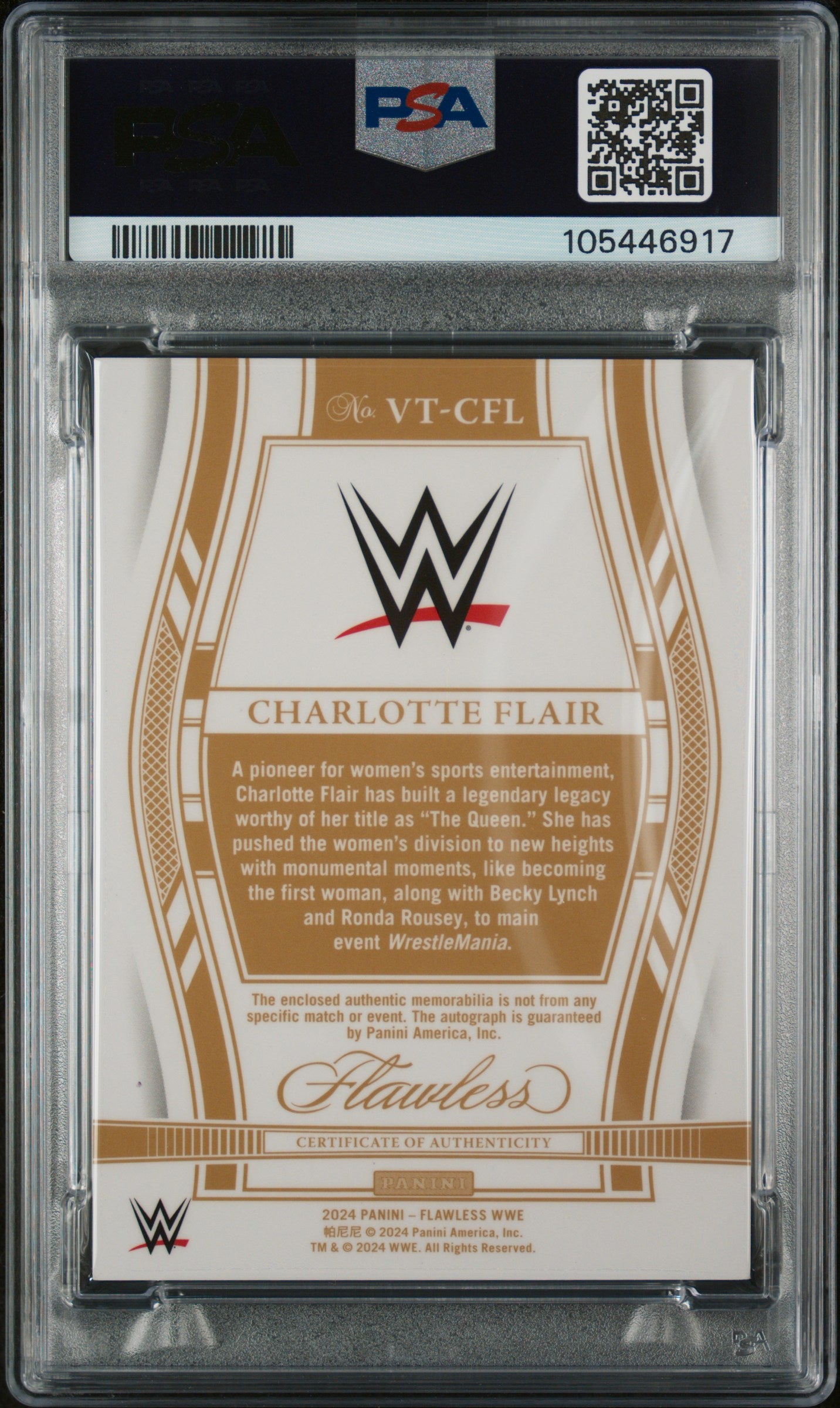 2024 Panini Flawless WWE Amethyst Charlotte Flair #VT-CFL Patch Auto /8 PSA 8