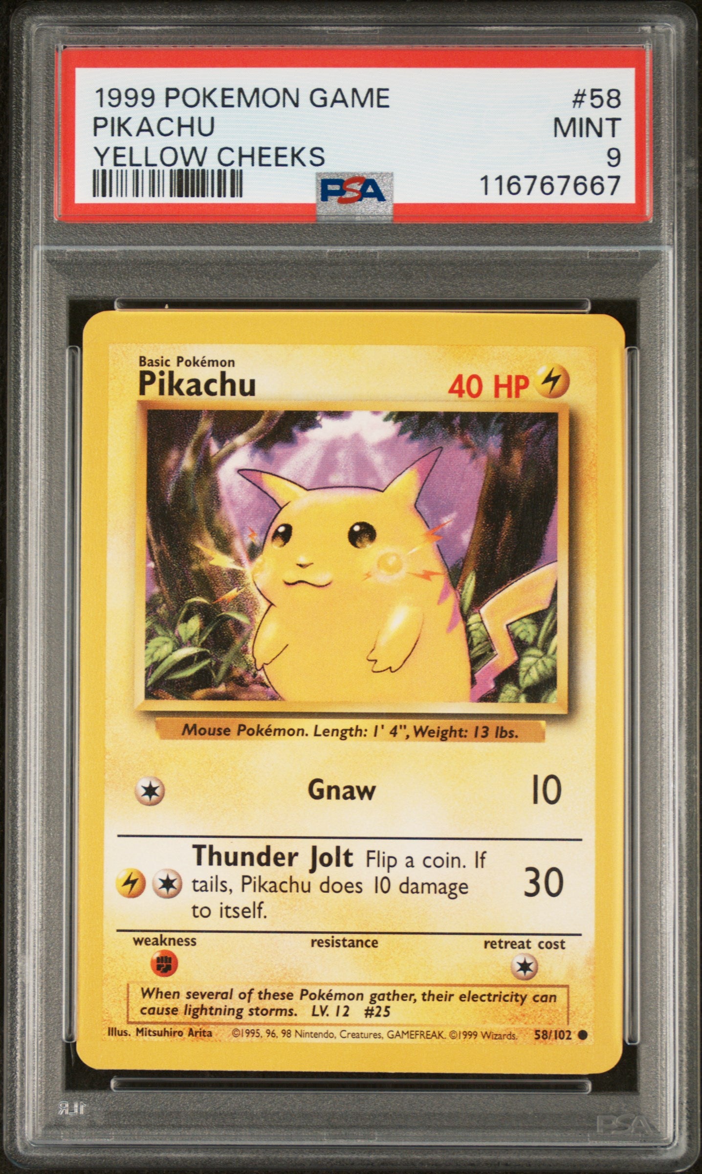 1999 Pokémon Base Set Pikachu #58/102 Yellow Cheeks PSA 9