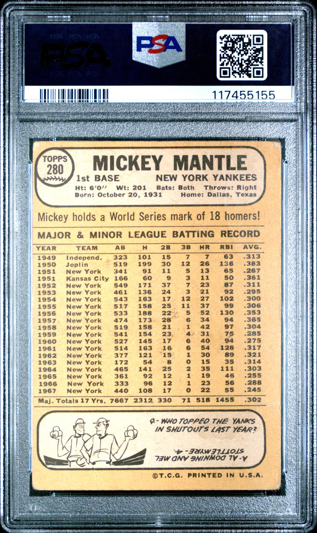 1968 Topps Baseball Mickey Mantle #280 PSA 1