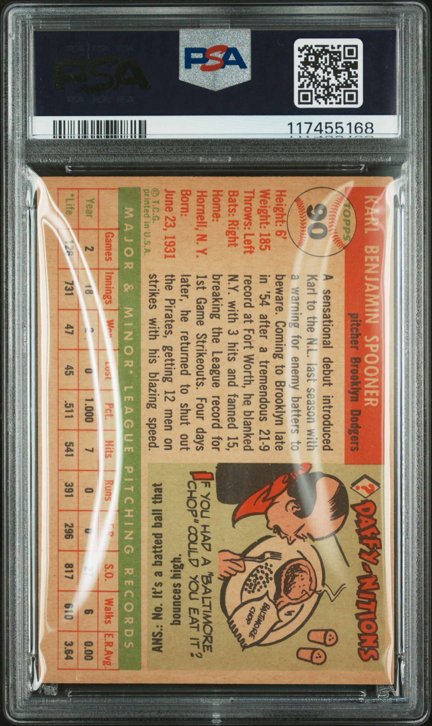 1955 Topps Karl Spooner #90 PSA 6