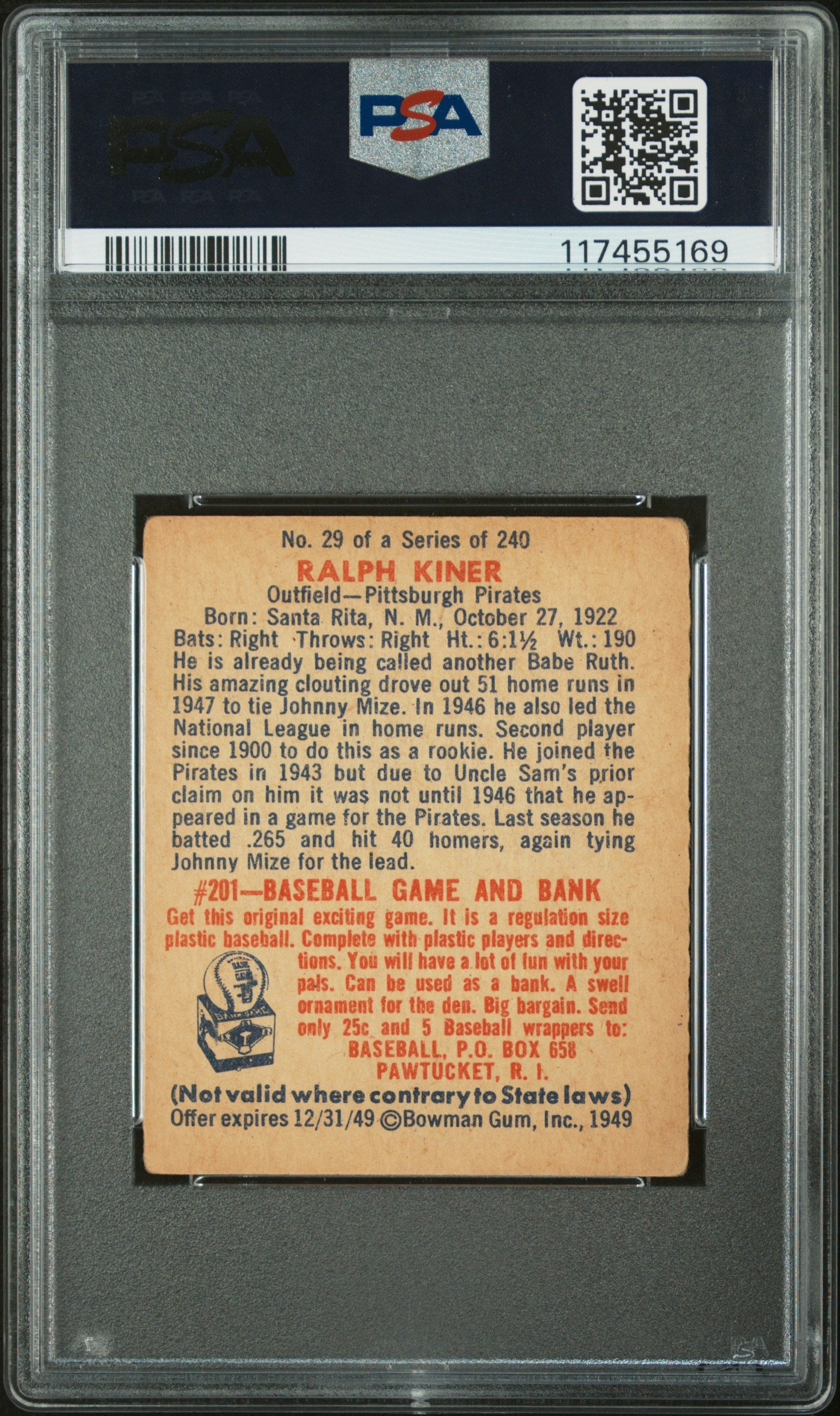 1949 Bowman Ralph Kiner #29 PSA 1.5
