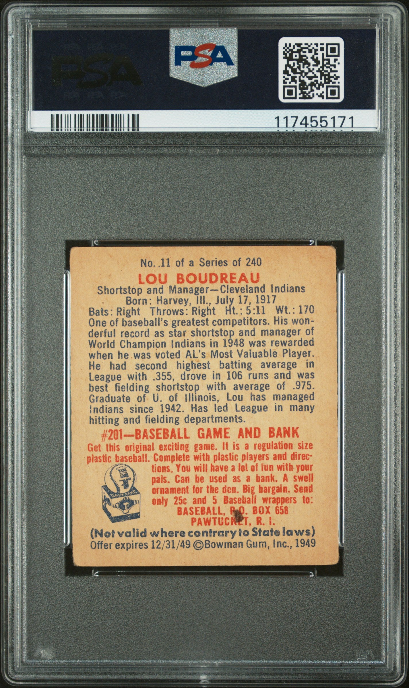 1949 Bowman Lou Boudreau #11 PSA 3