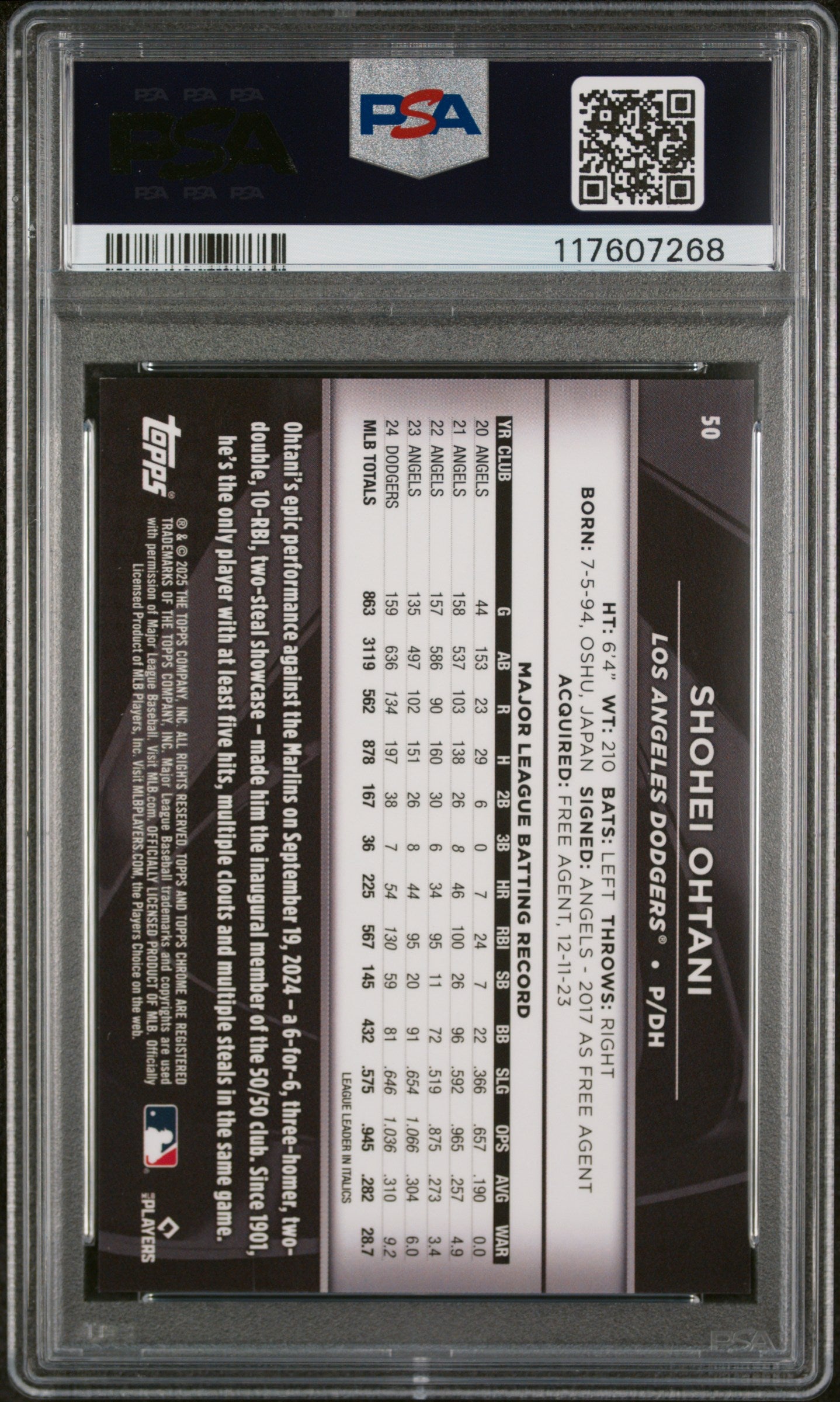 2025 Topps Chrome Black Orange Refractor Shohei Ohtani #50 /25 PSA 9