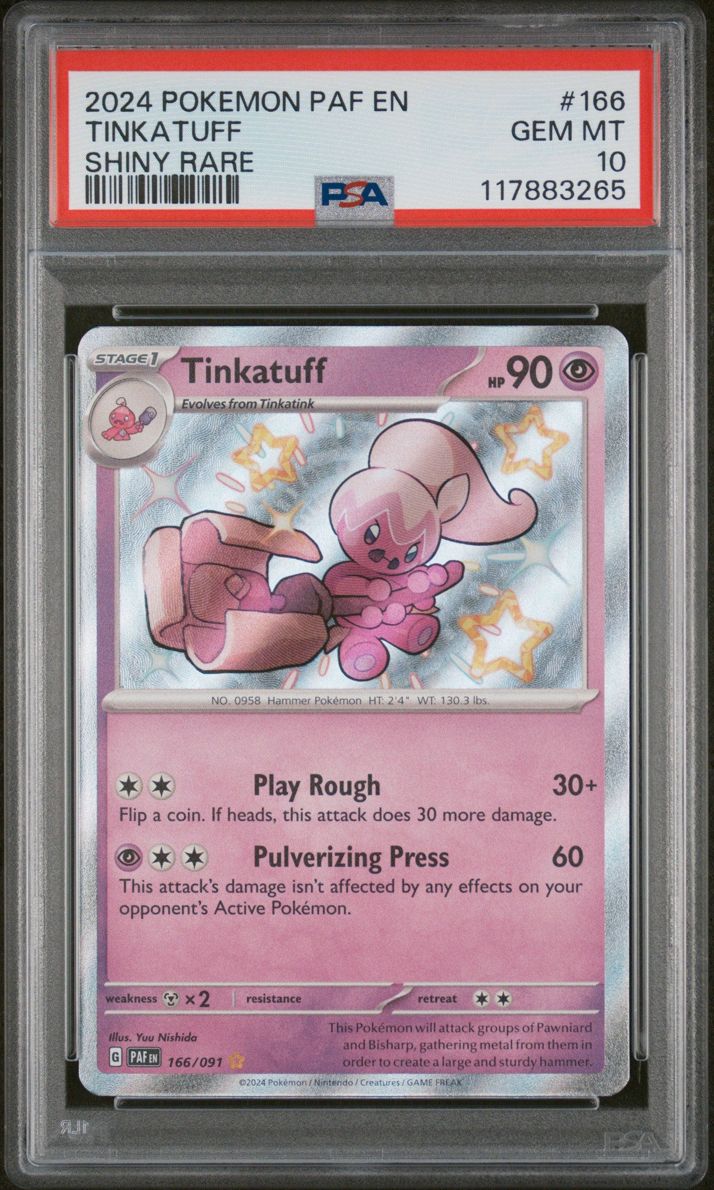 2024 Pokemon Paldean Fates Shiny Rare Tinkatuff #166 PSA 10