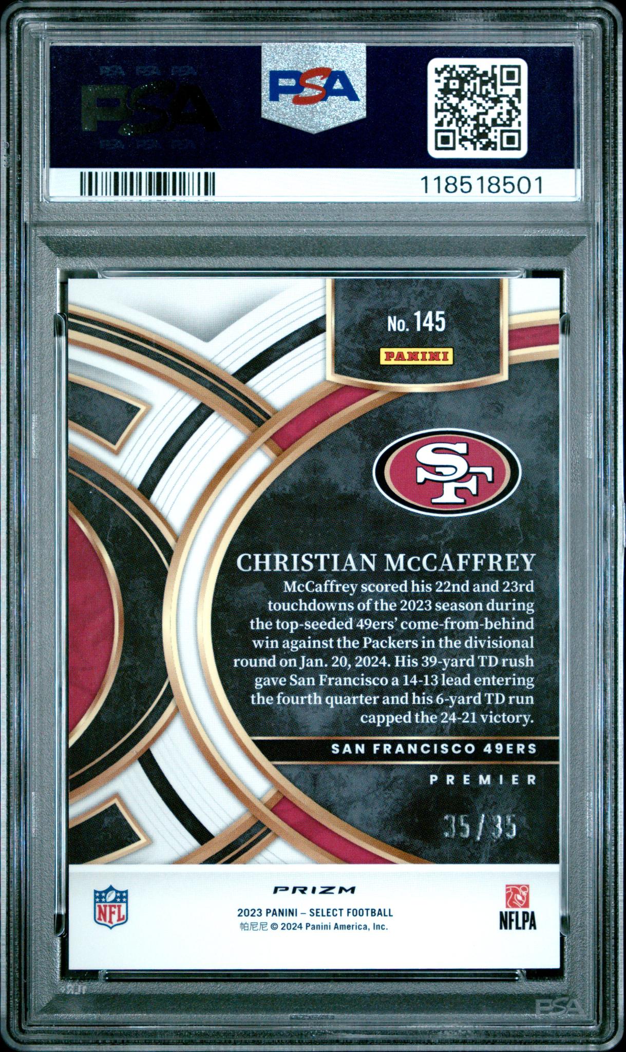 2023 Panini Select White Prizm Christian McCaffrey #145 Premier Level /35 PSA 9