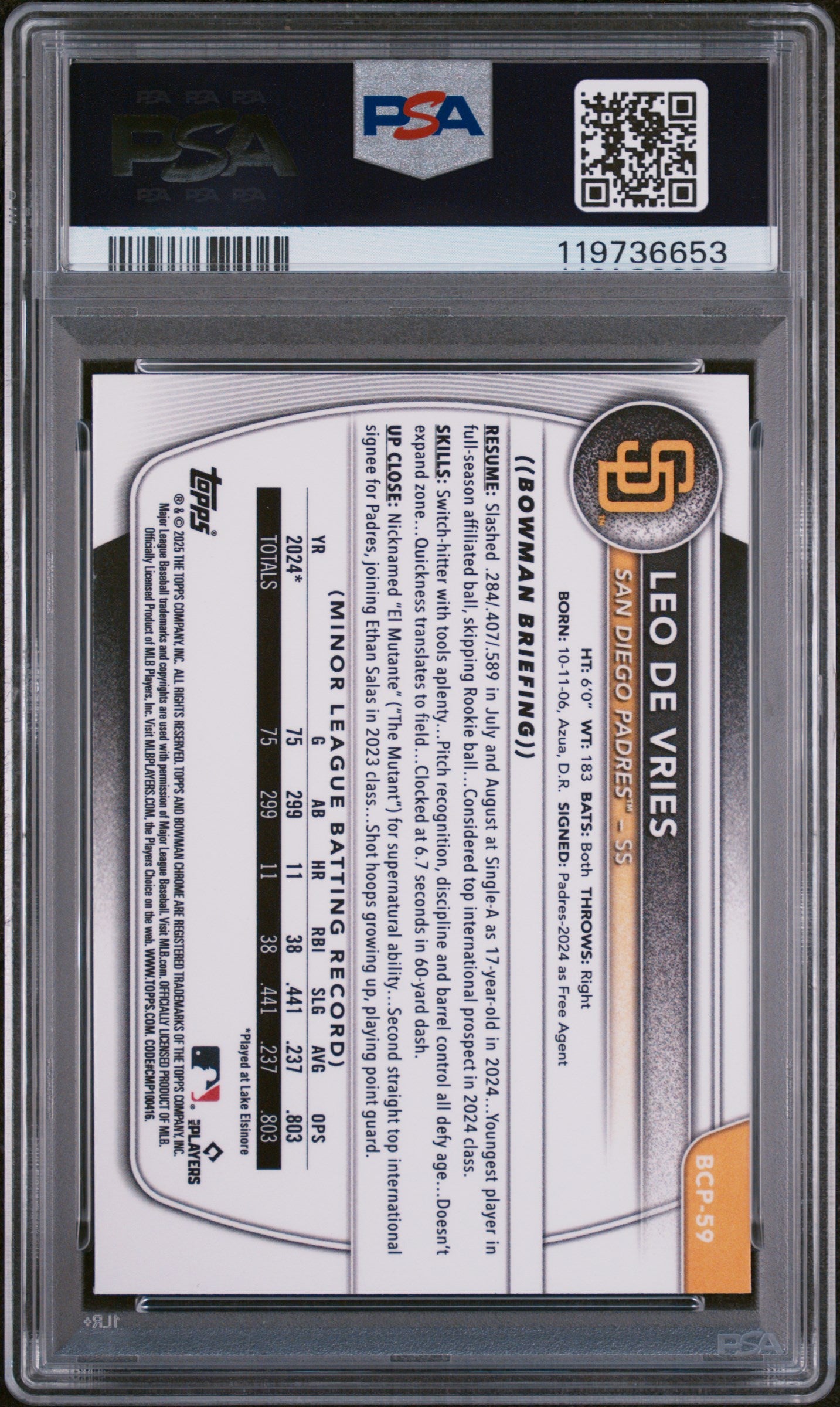 2025 Bowman Chrome Prospects Reptilian Refractor Leo De Vries #BCP59 PSA 9