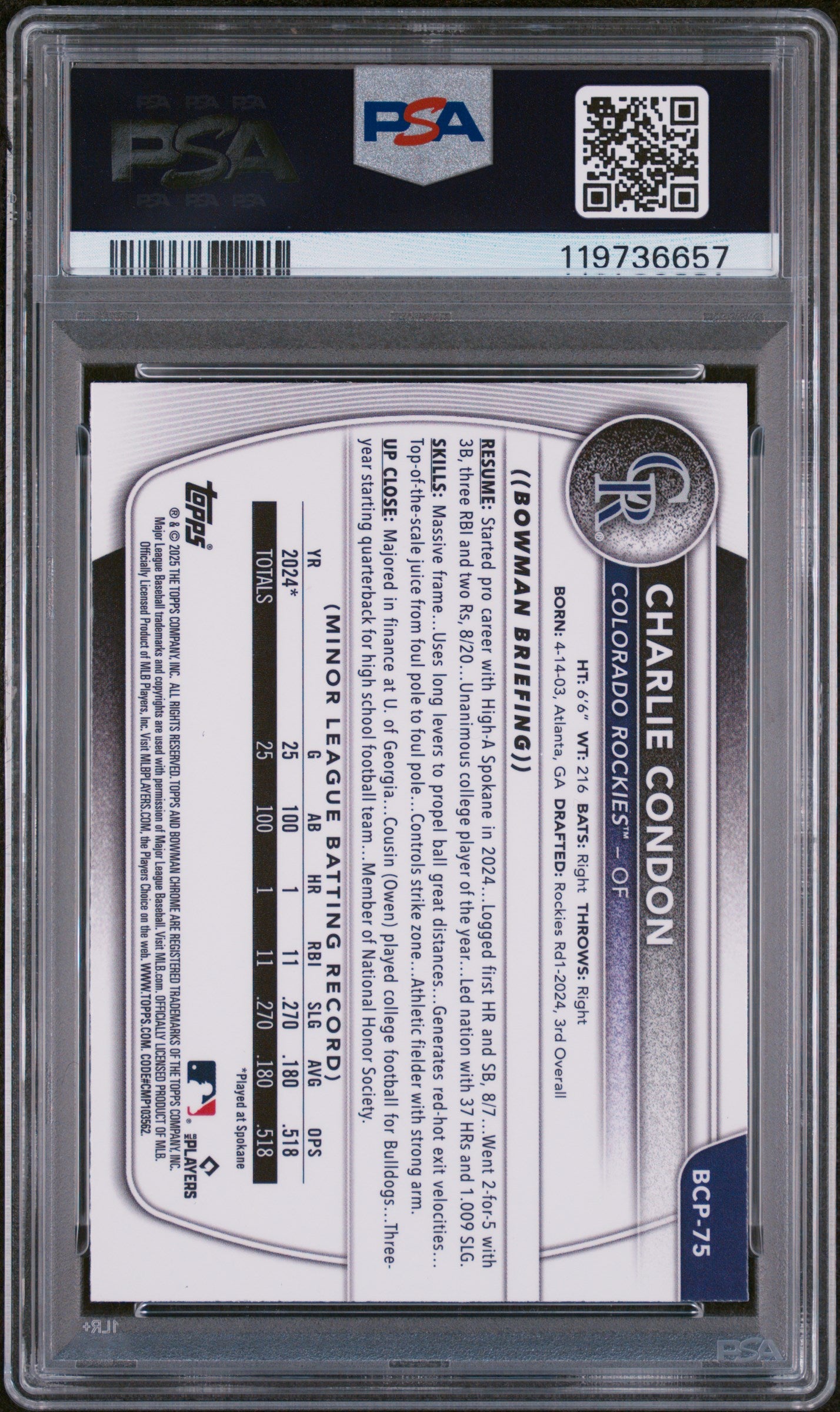 2025 Bowman Chrome Mega Box Mojo Refractor Charlie Condon #BCP-75 PSA 9