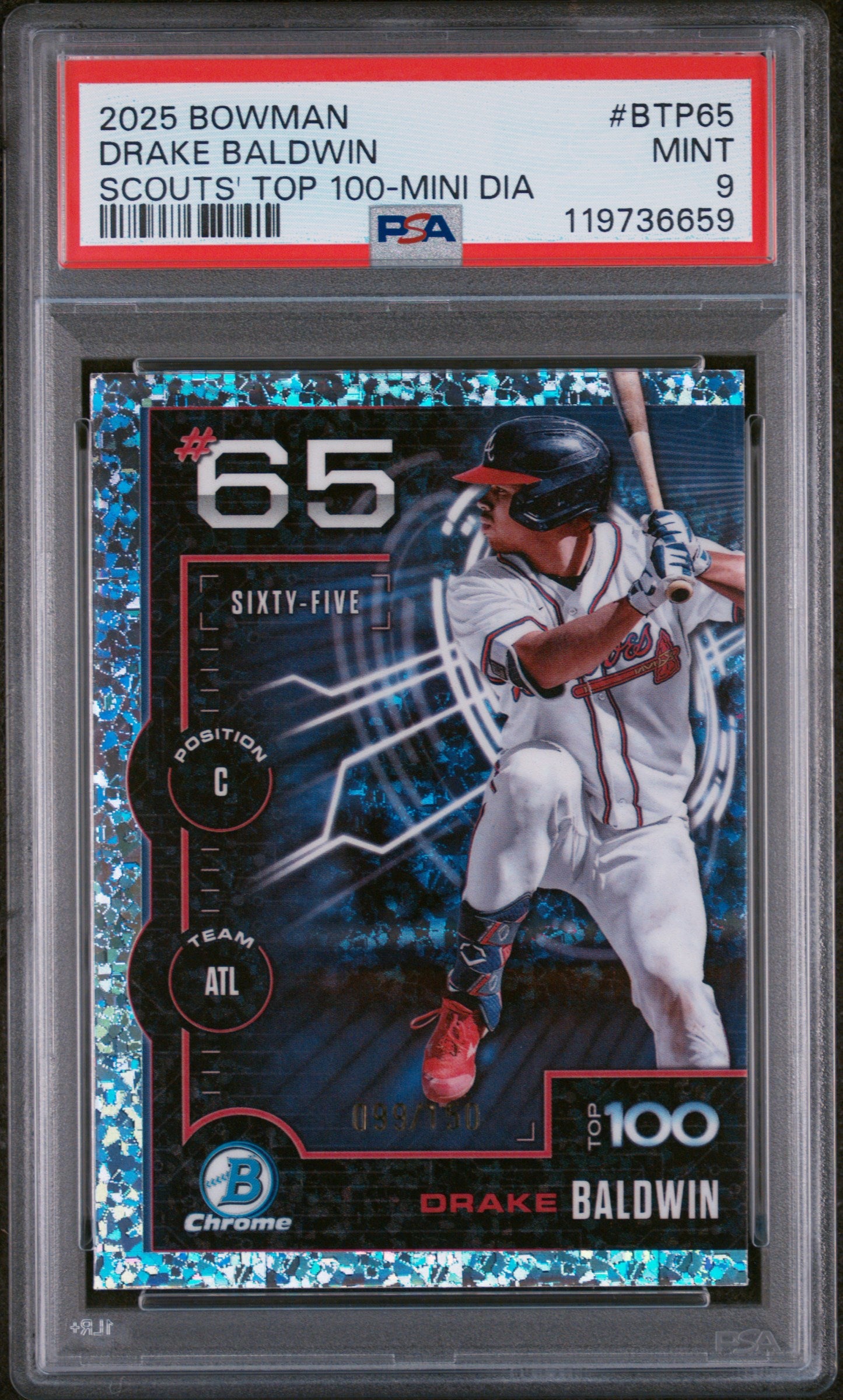 2025 Bowman Chrome #BTP-65 Drake Baldwin Scouts' Top 100-Mini DIA /150 PSA 9
