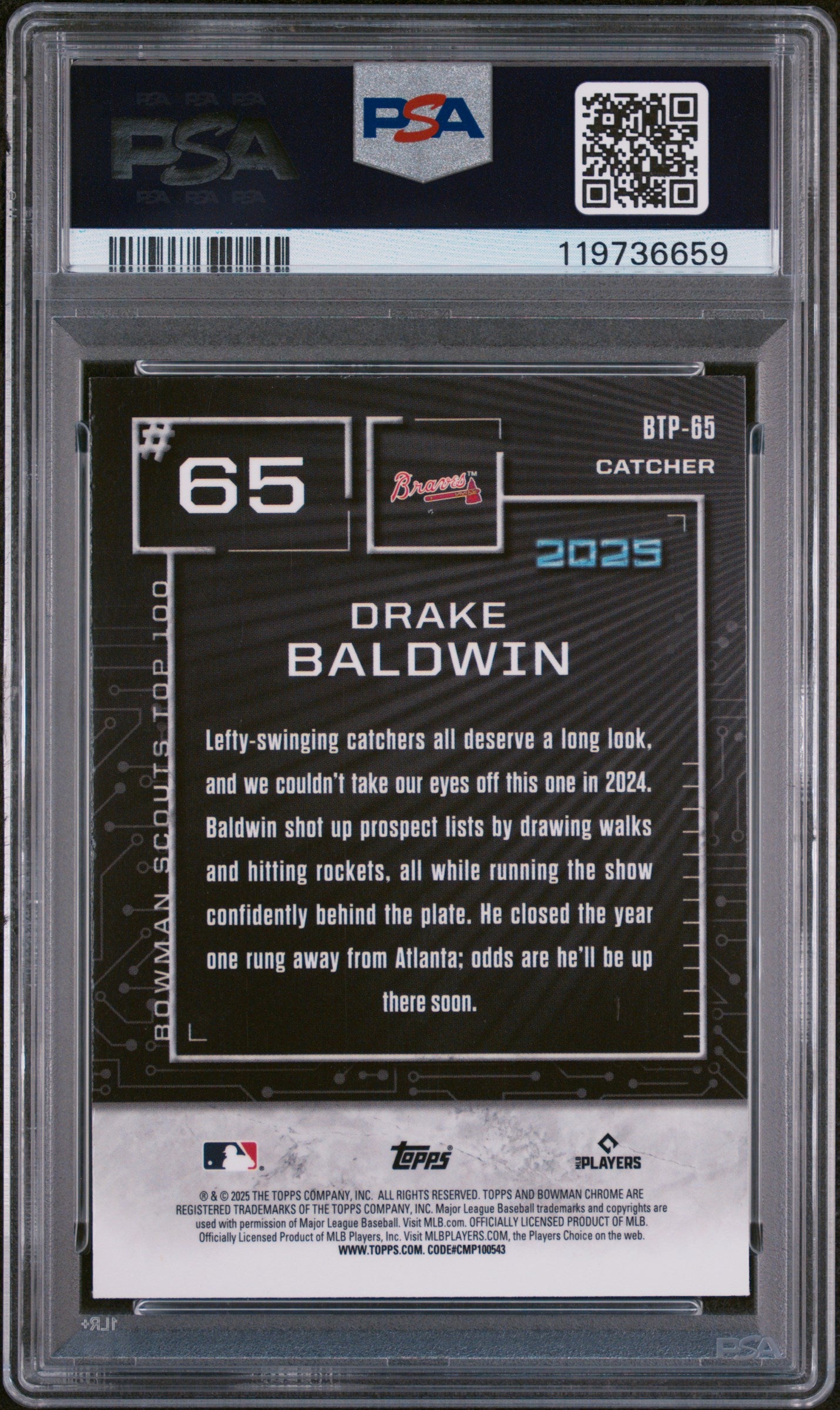 2025 Bowman Chrome #BTP-65 Drake Baldwin Scouts' Top 100-Mini DIA /150 PSA 9