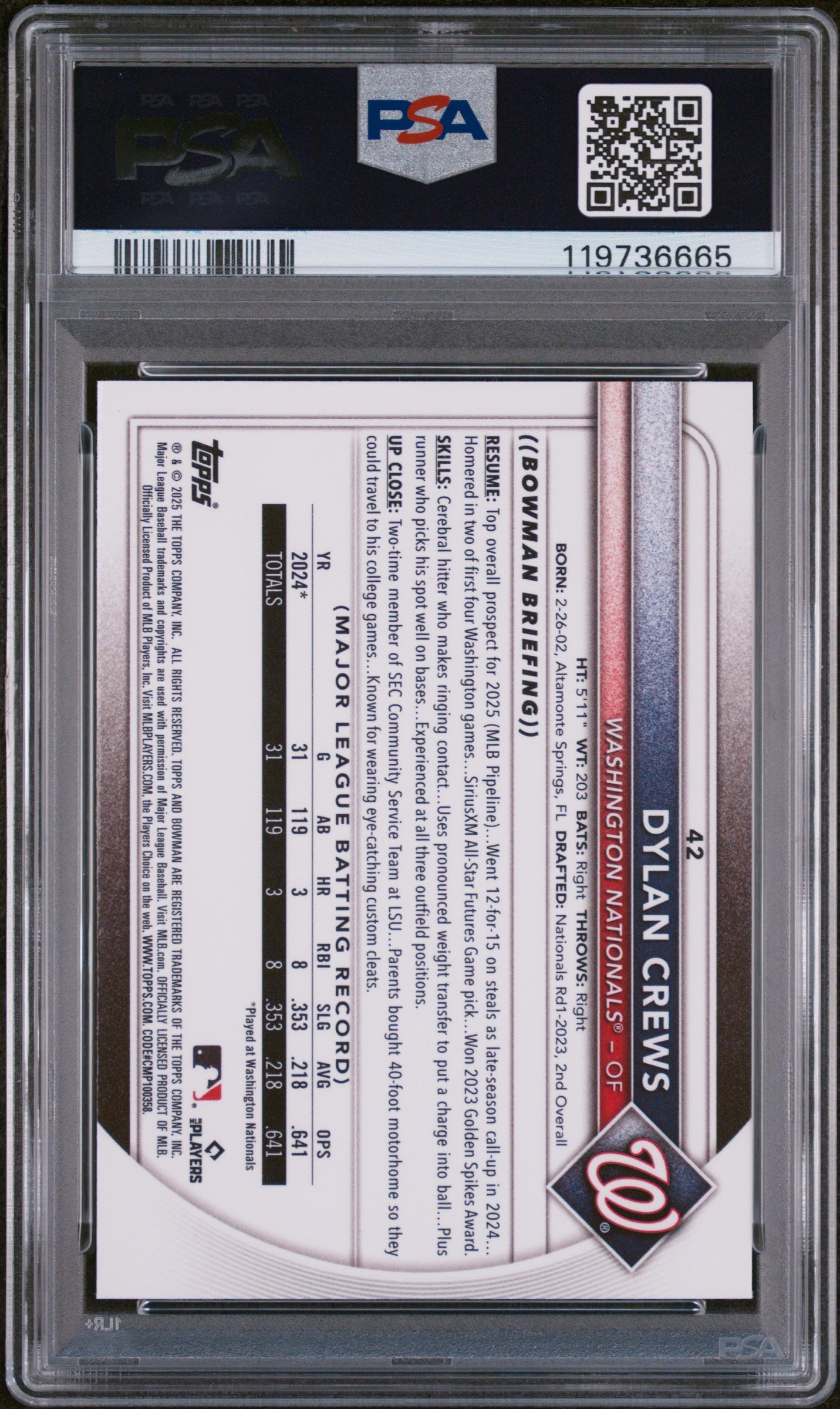 2025 Bowman Chrome Red Rookie Redemption Dylan Crews #42 RC PSA 10