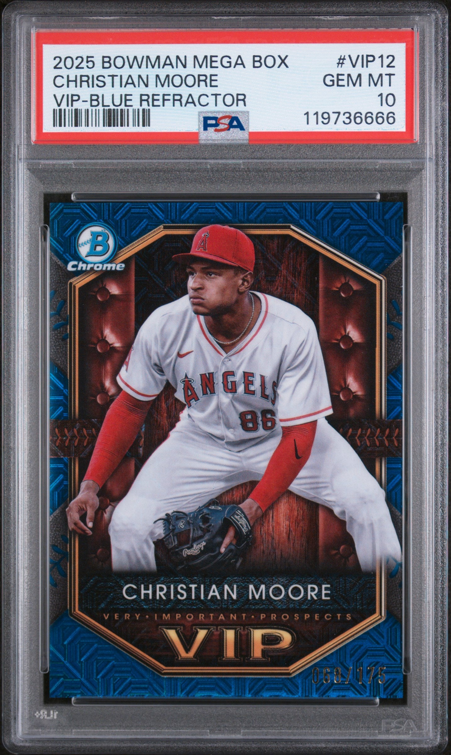 2025 Bowman Mega Box VIP Blue Refractor Christian Moore #VIP12 /175 PSA 10