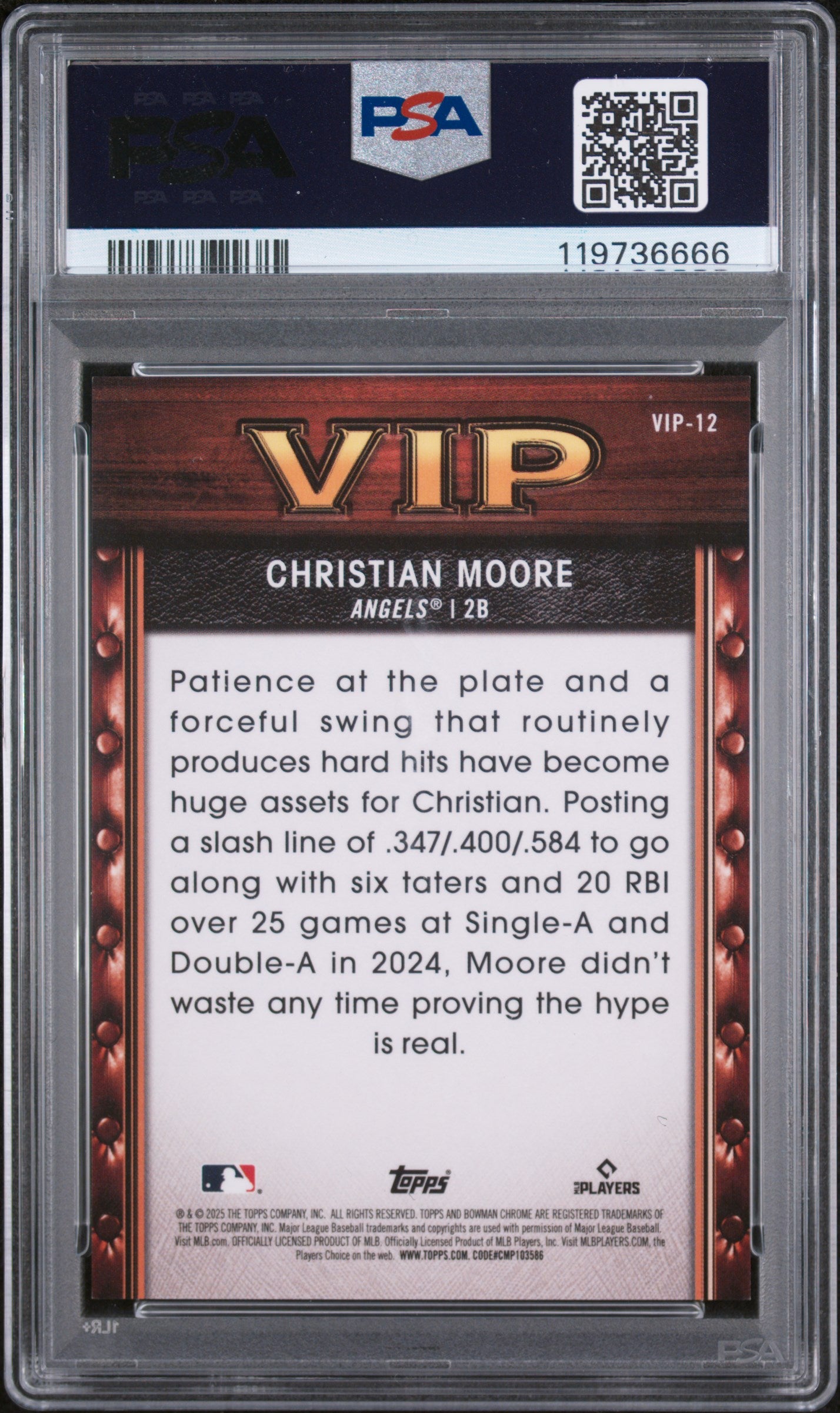 2025 Bowman Mega Box VIP Blue Refractor Christian Moore #VIP12 /175 PSA 10