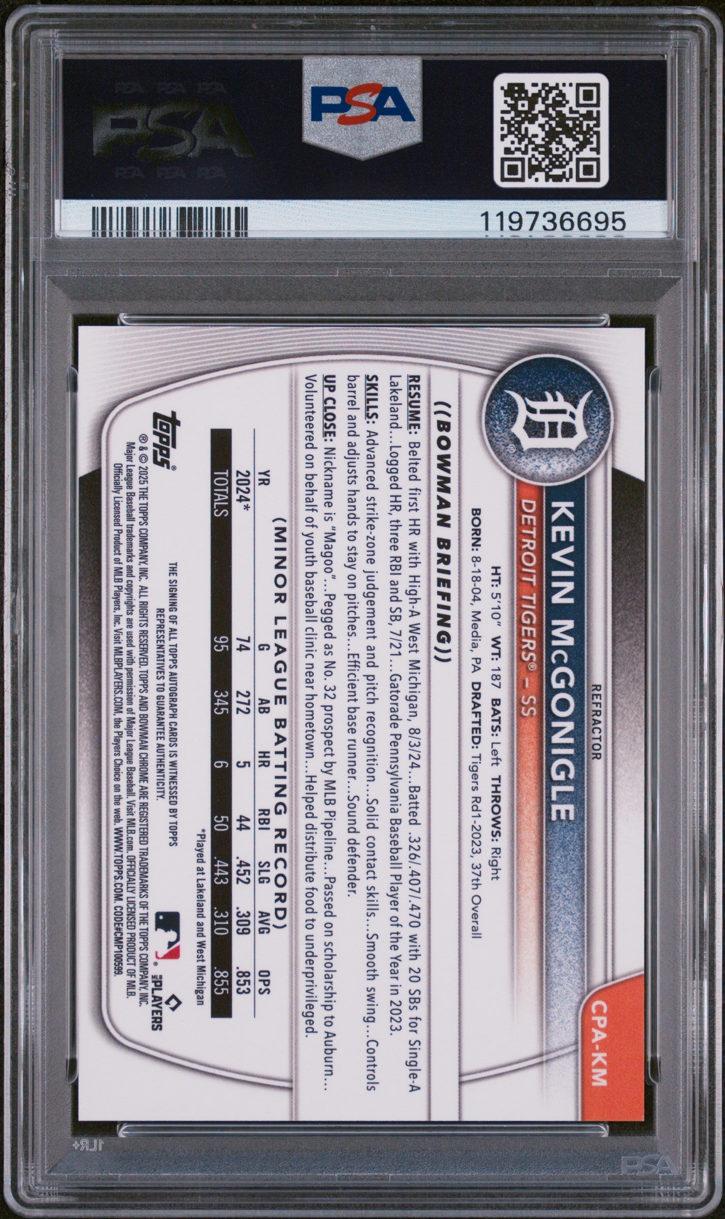 2025 Bowman Chrome Prospect Refractor Kevin McGonigle #CPA-KM Auto /499 PSA 9