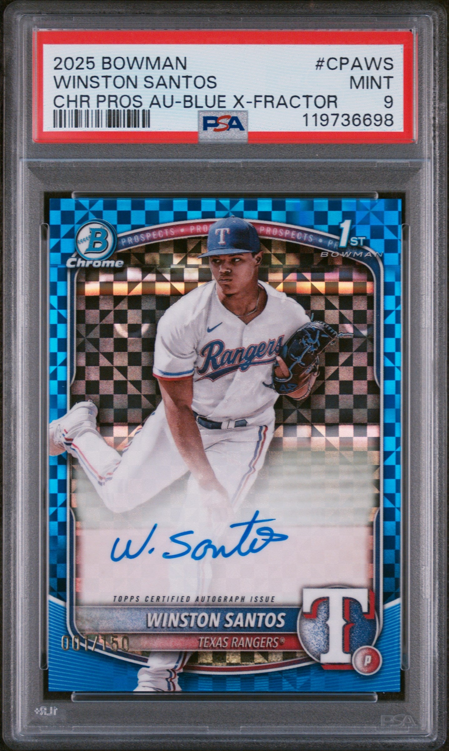 2025 Topps Bowman Chrome Blue X-Fractor Winston Santos #CPA-WS Auto /150 PSA 9