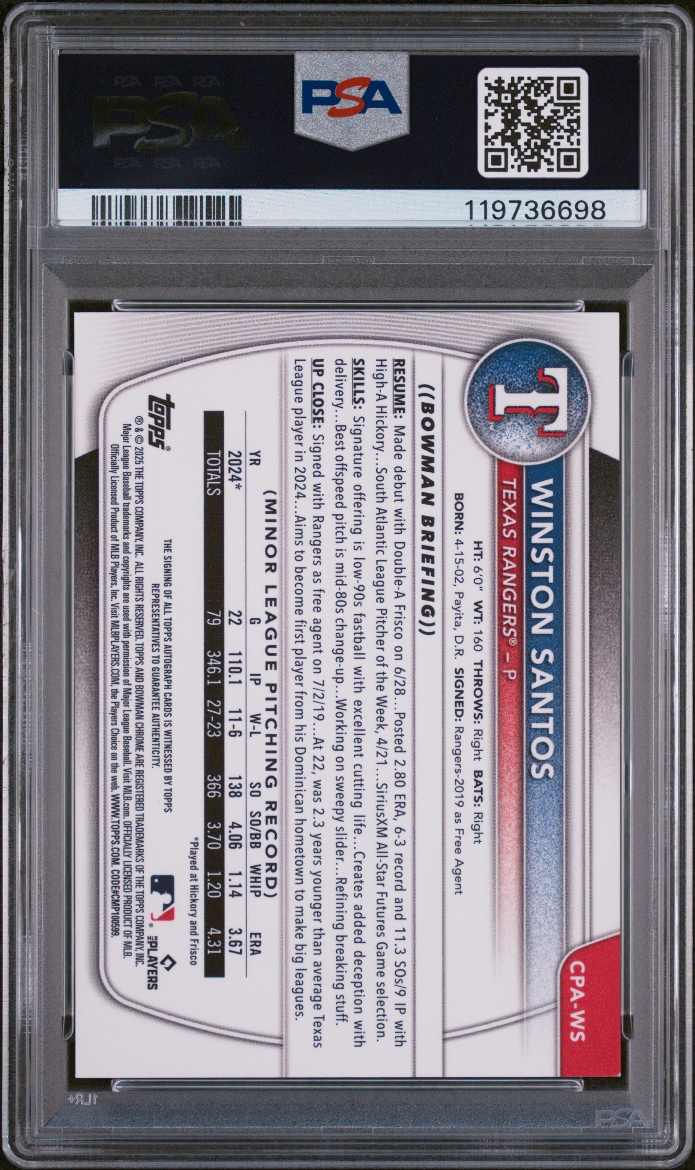 2025 Topps Bowman Chrome Blue X-Fractor Winston Santos #CPA-WS Auto /150 PSA 9