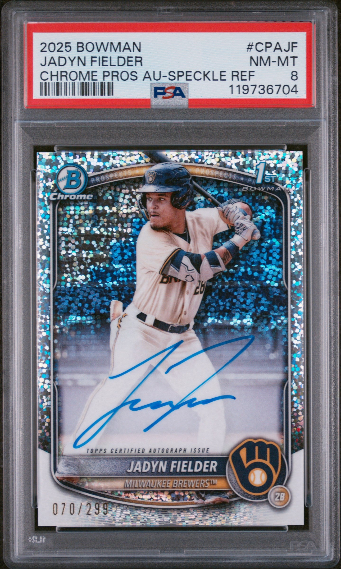 2025 Bowman Chrome Speckle Refractor Jadyn Fielder #CPA-JF Auto /299 PSA 8