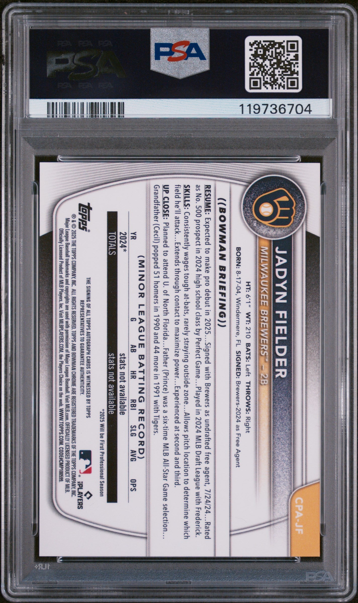 2025 Bowman Chrome Speckle Refractor Jadyn Fielder #CPA-JF Auto /299 PSA 8