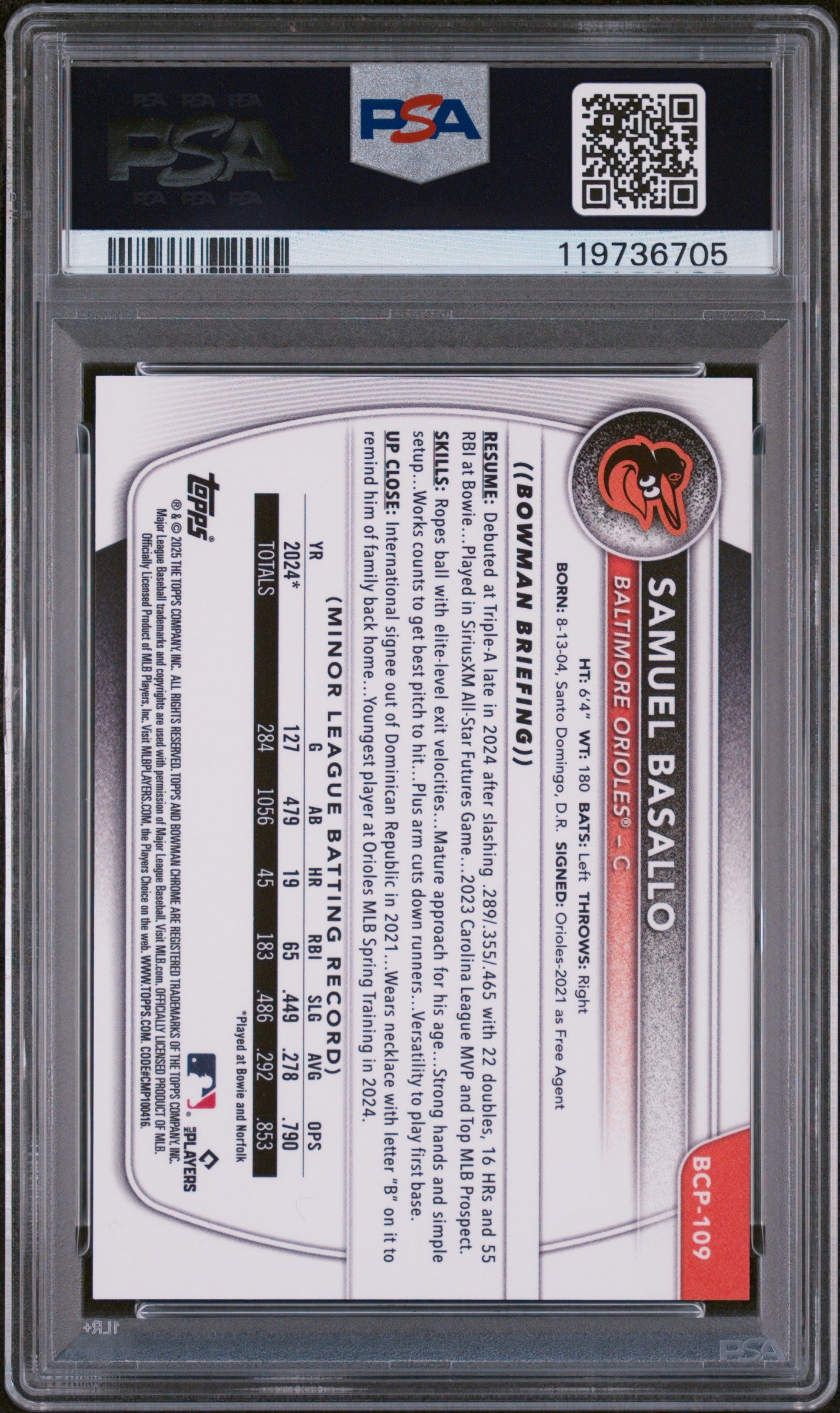 2025 Bowman Sapphire Chrome Prospect Orange Samuel Basallo #BCP109 /25 PSA 10