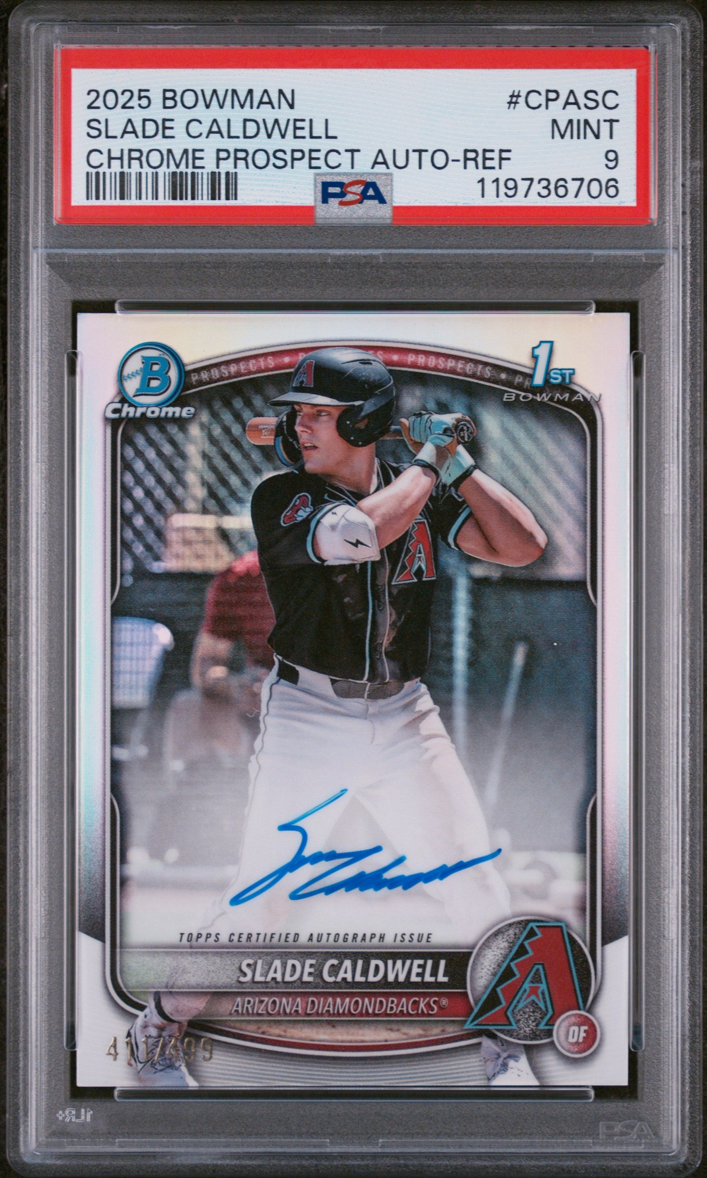 2025 Bowman Chrome Refractor Slade Caldwell #CPA-SC Auto /499 PSA 9