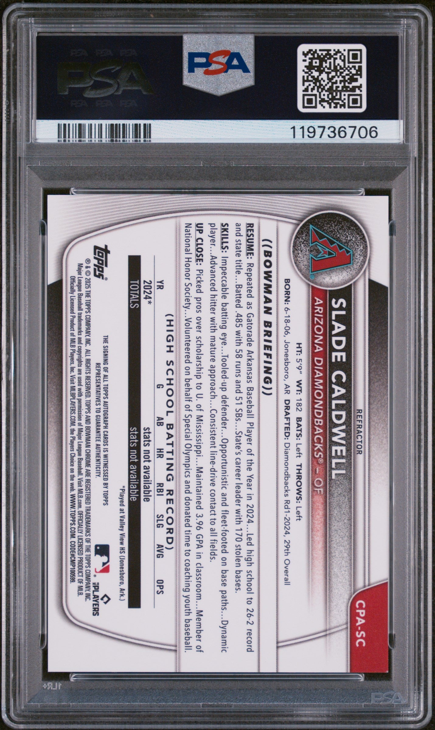 2025 Bowman Chrome Refractor Slade Caldwell #CPA-SC Auto /499 PSA 9