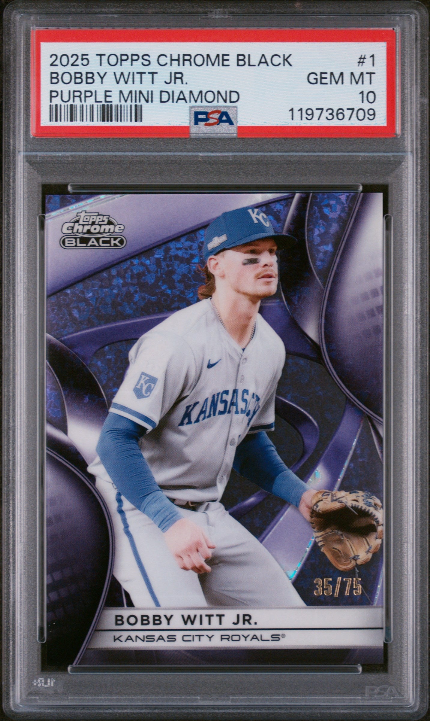2025 Topps Chrome Black Purple Mini Diamond Bobby Witt Jr #1 /75 PSA 10