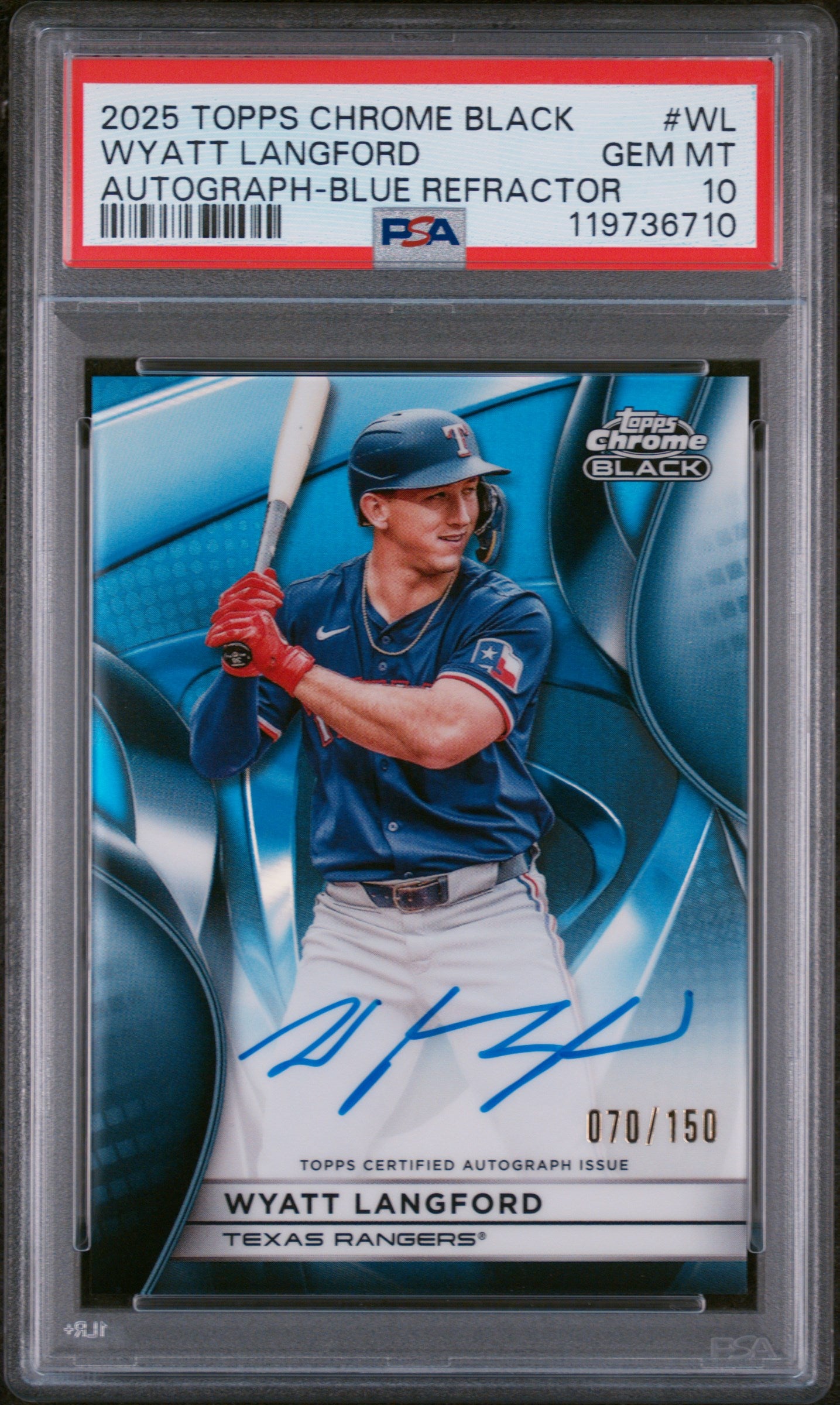 2025 Topps Chrome Black Blue Refractor Wyatt Langford #CBA-WL Auto /150 PSA 10