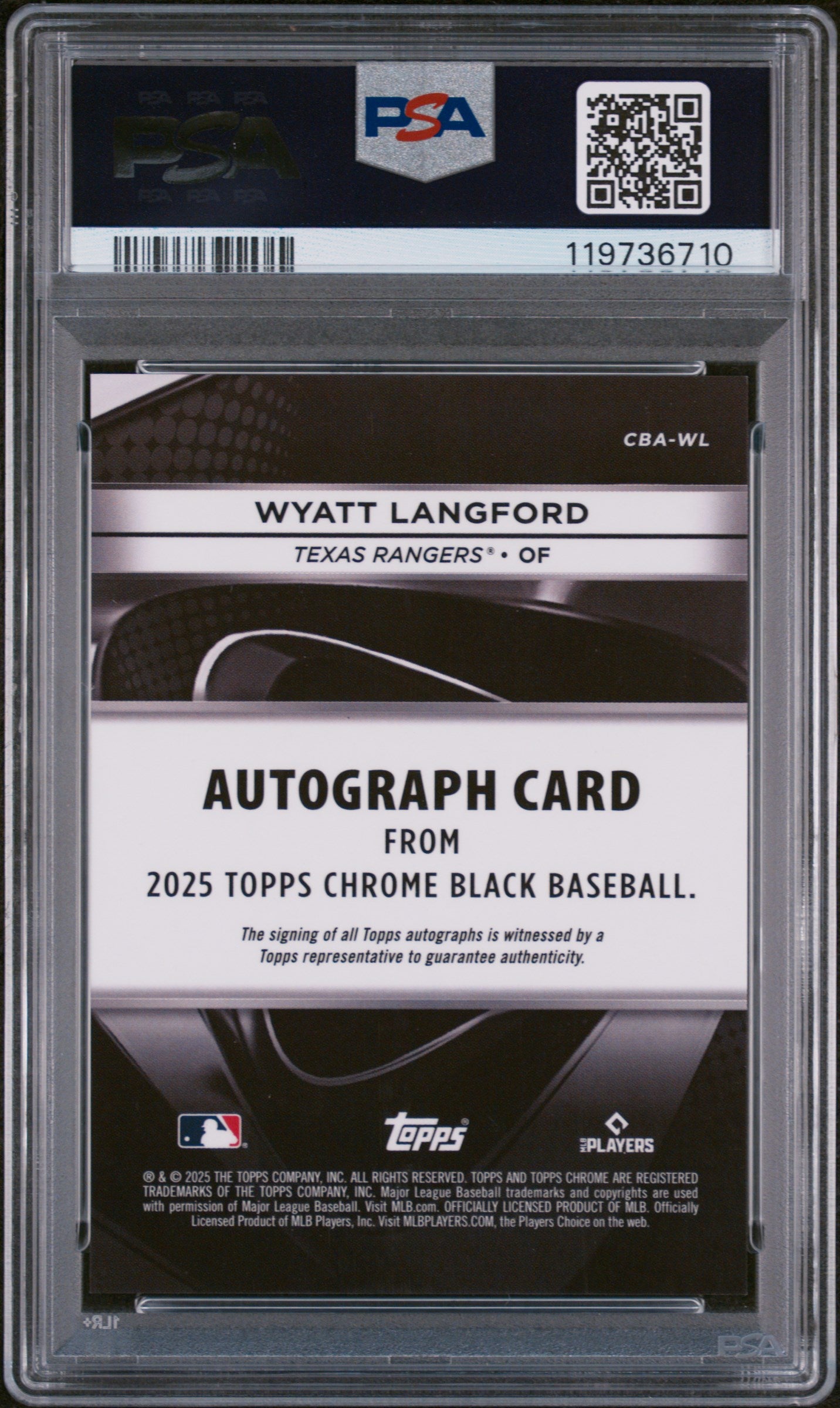 2025 Topps Chrome Black Blue Refractor Wyatt Langford #CBA-WL Auto /150 PSA 10
