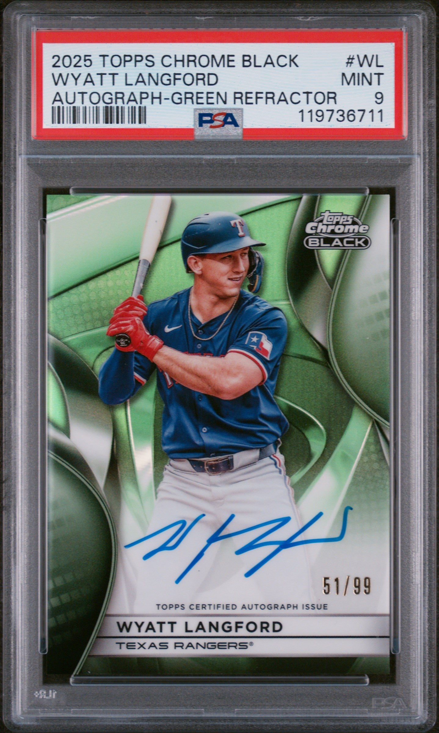 2025 Topps Chrome Black Green Refractor Wyatt Langford #CBA-WL Auto /99 PSA 9
