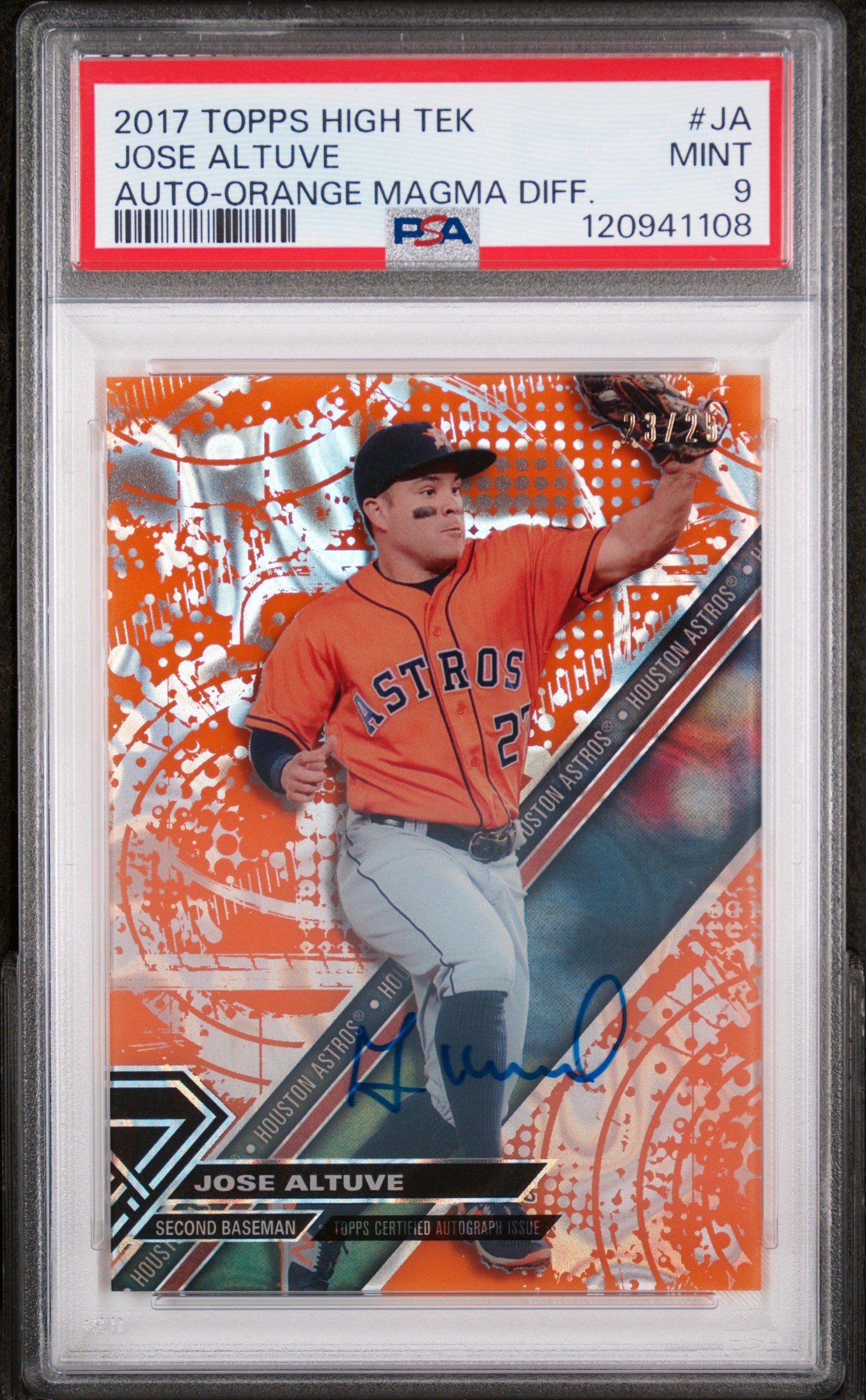 2017 Topps High Tek Orange Magma Diffractor Jose Altuve #JA Auto /25 PSA 9