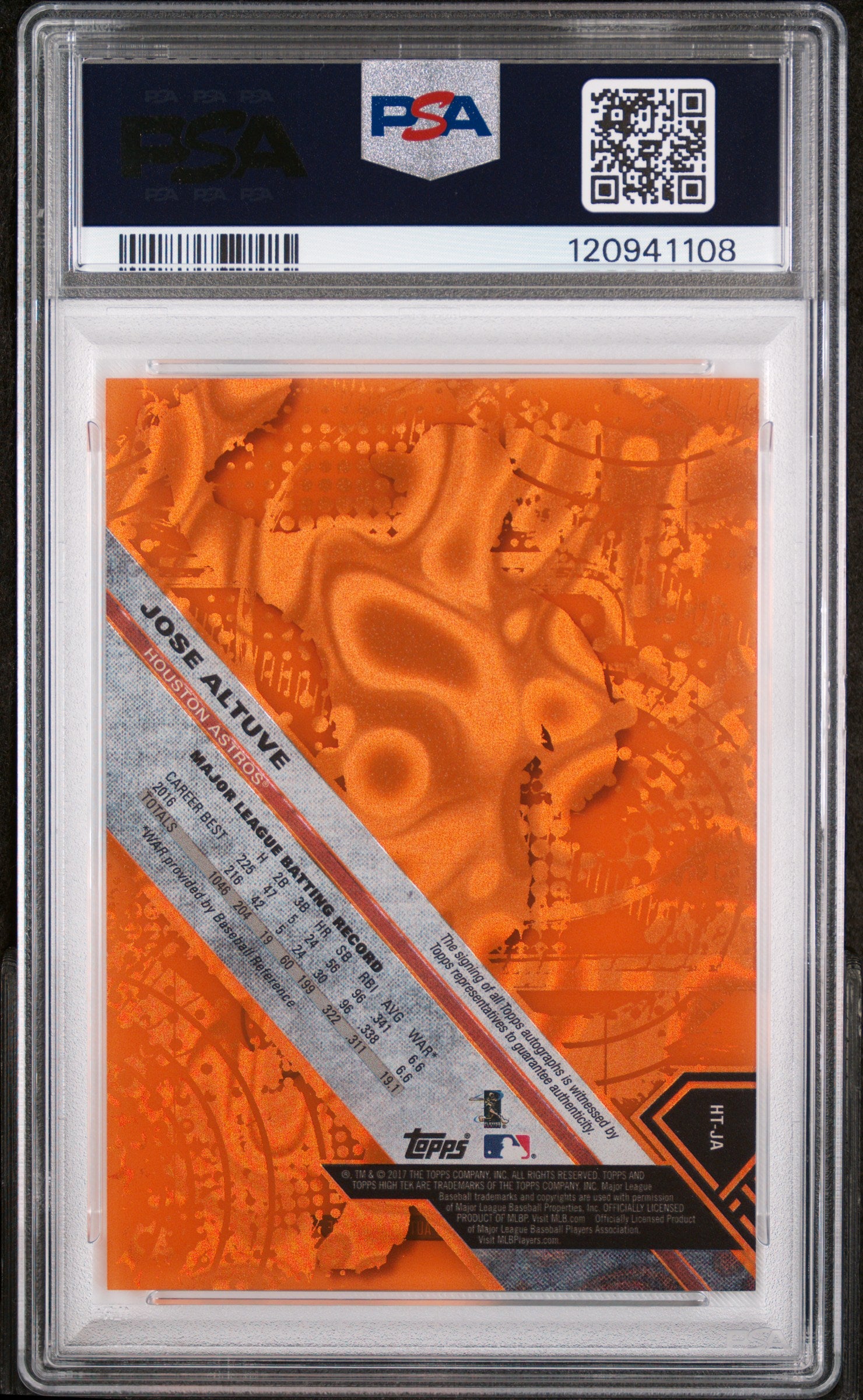 2017 Topps High Tek Orange Magma Diffractor Jose Altuve #JA Auto /25 PSA 9