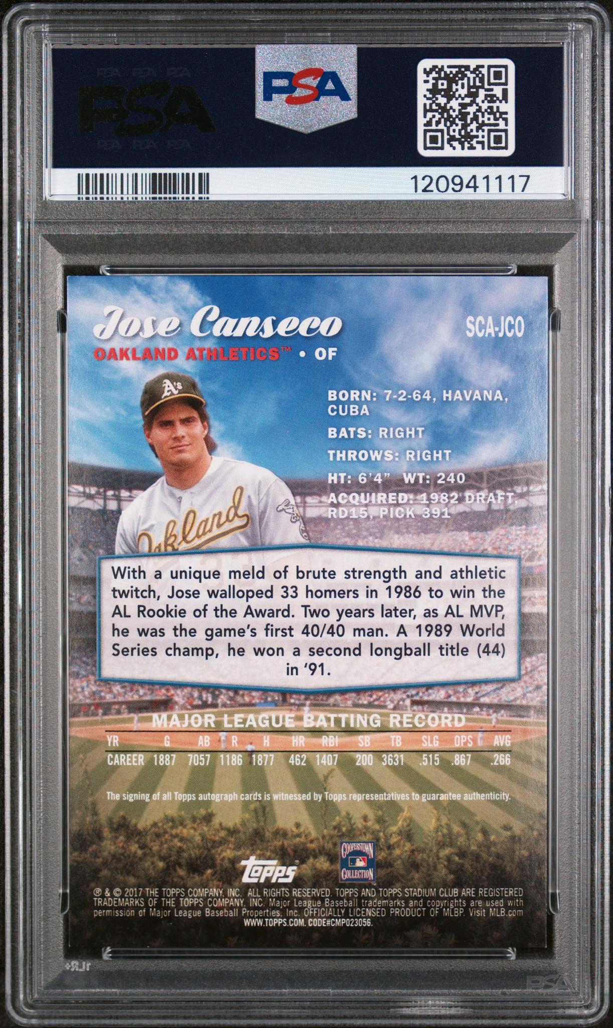 2017 Topps Stadium Club Autographs Jose Canseco #SCA-JCO Auto PSA 8