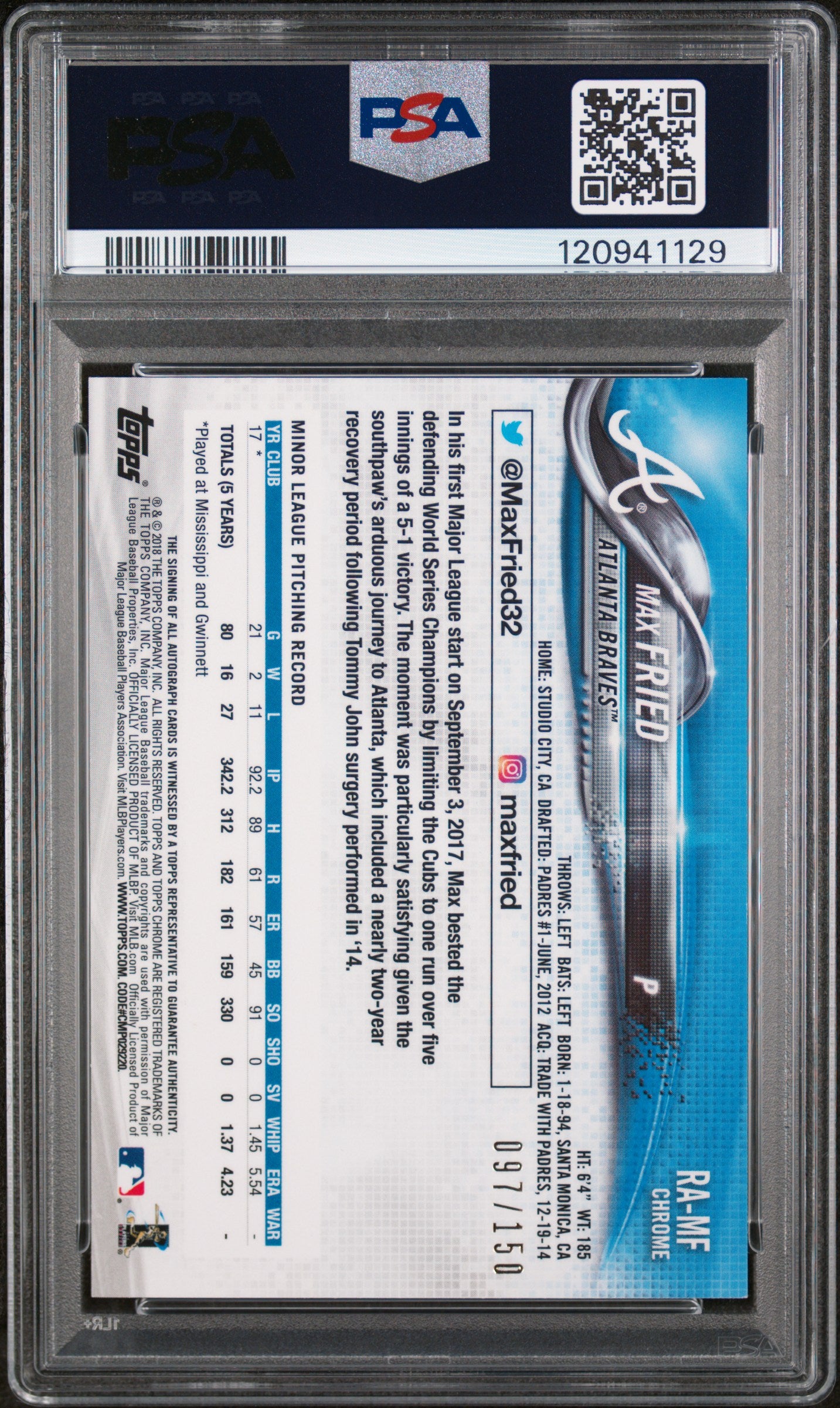 2018 Topps Chrome Blue Refractor Max Fried #RA-MF RC Auto /150 PSA 9