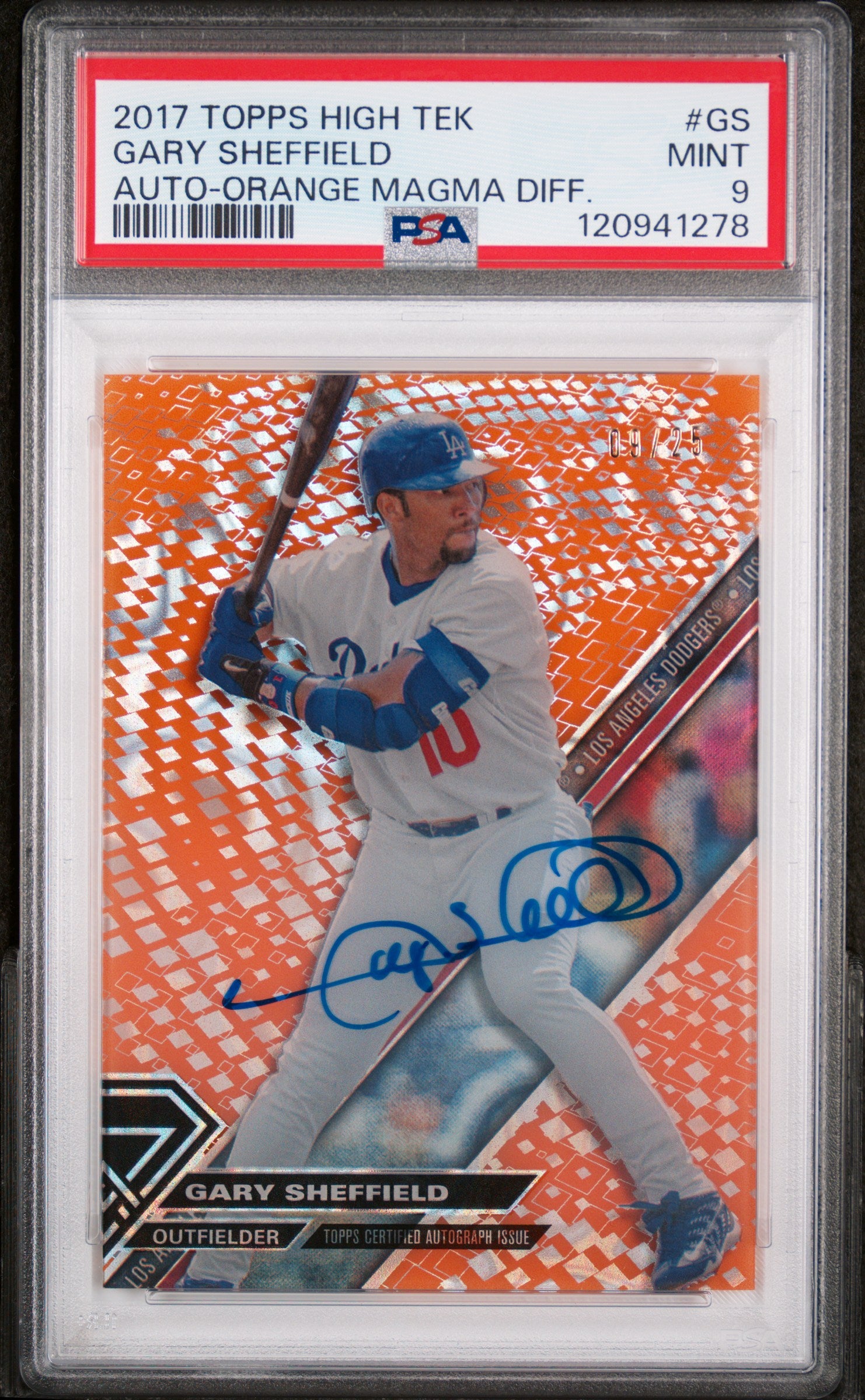 2017 Topps High Tek Orange Magma Diffractor Gary Sheffield #HT-GS Auto /25 PSA 9