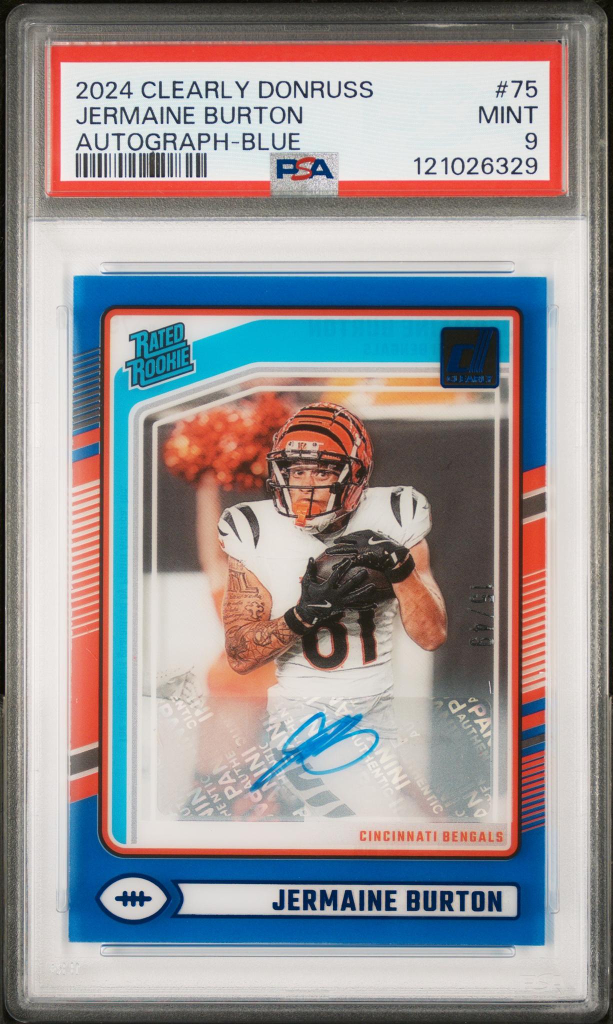2024 Panini Clearly Donruss Blue Jermaine Burton #75 RC Auto PSA 9