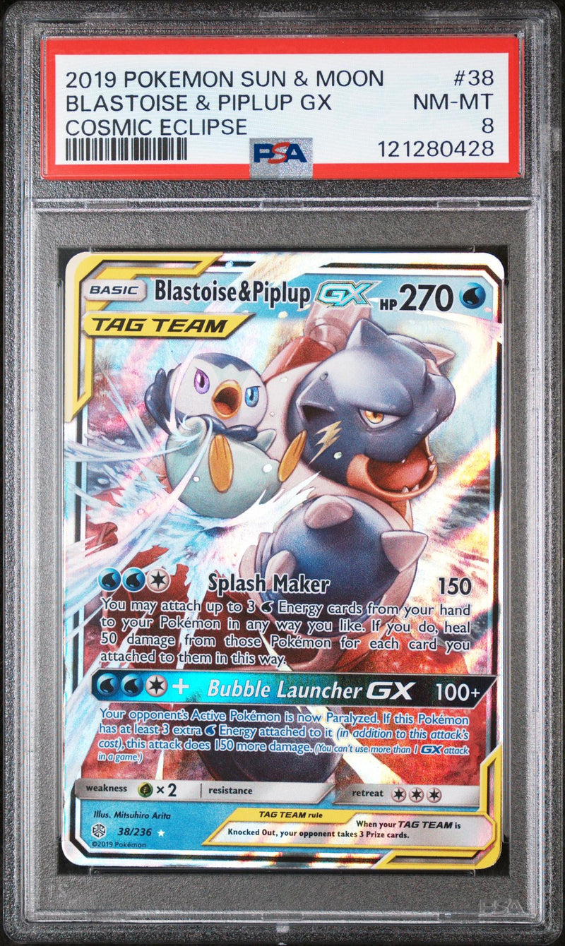 2019 Pokemon Sun and Moon Cosmic Eclipse Blastoise/Piplup Gx #38 PSA 8