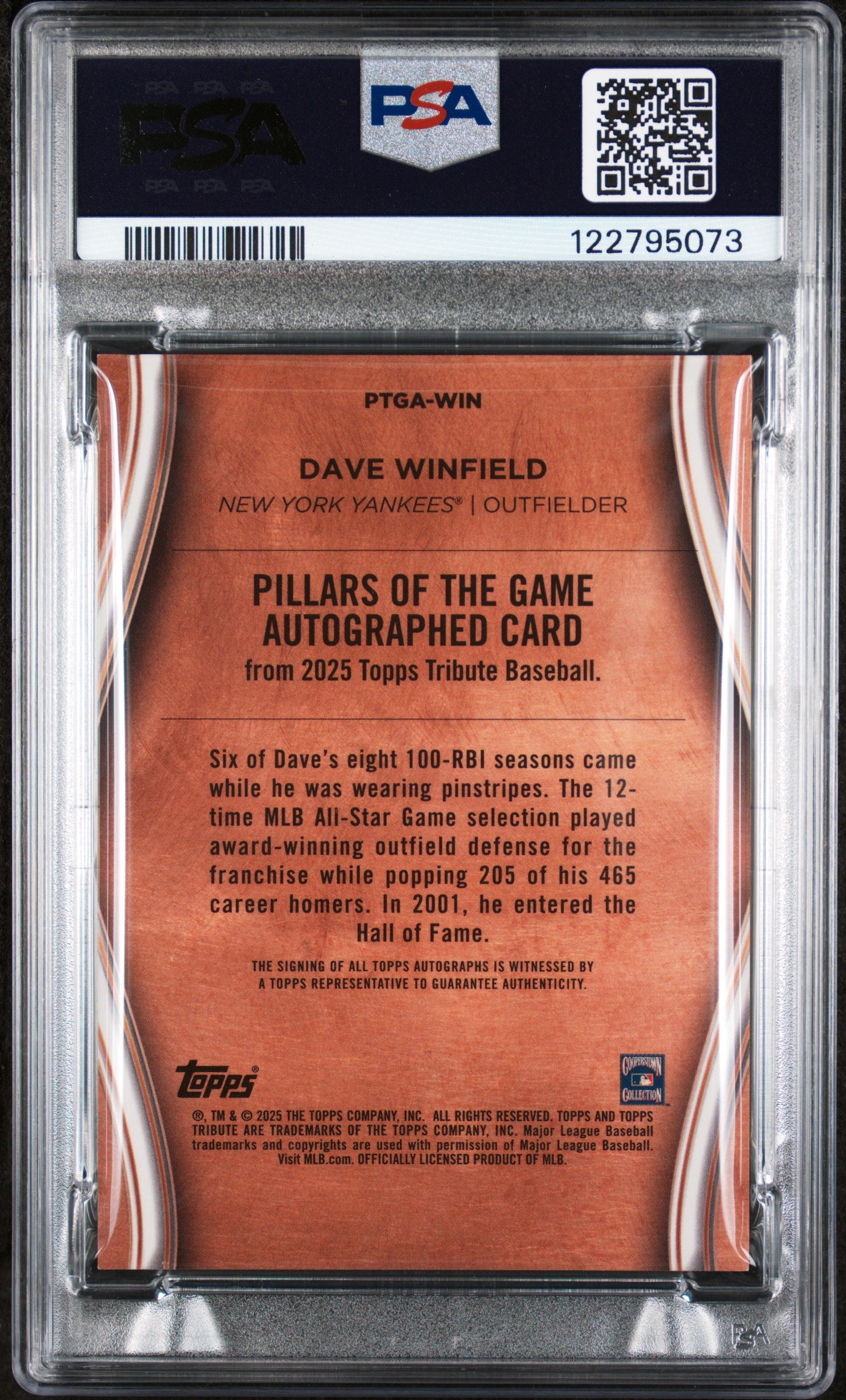 2025 Topps Tribute Pillars of the Game Black Dave Winfield #WIN Auto 1/1 PSA 9
