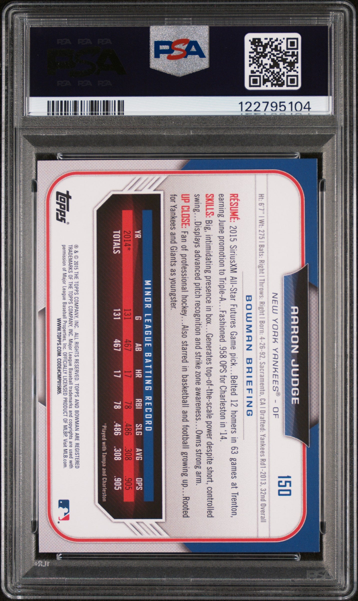 2015 Topps Bowman Draft Aaron Judge #150 PSA 8