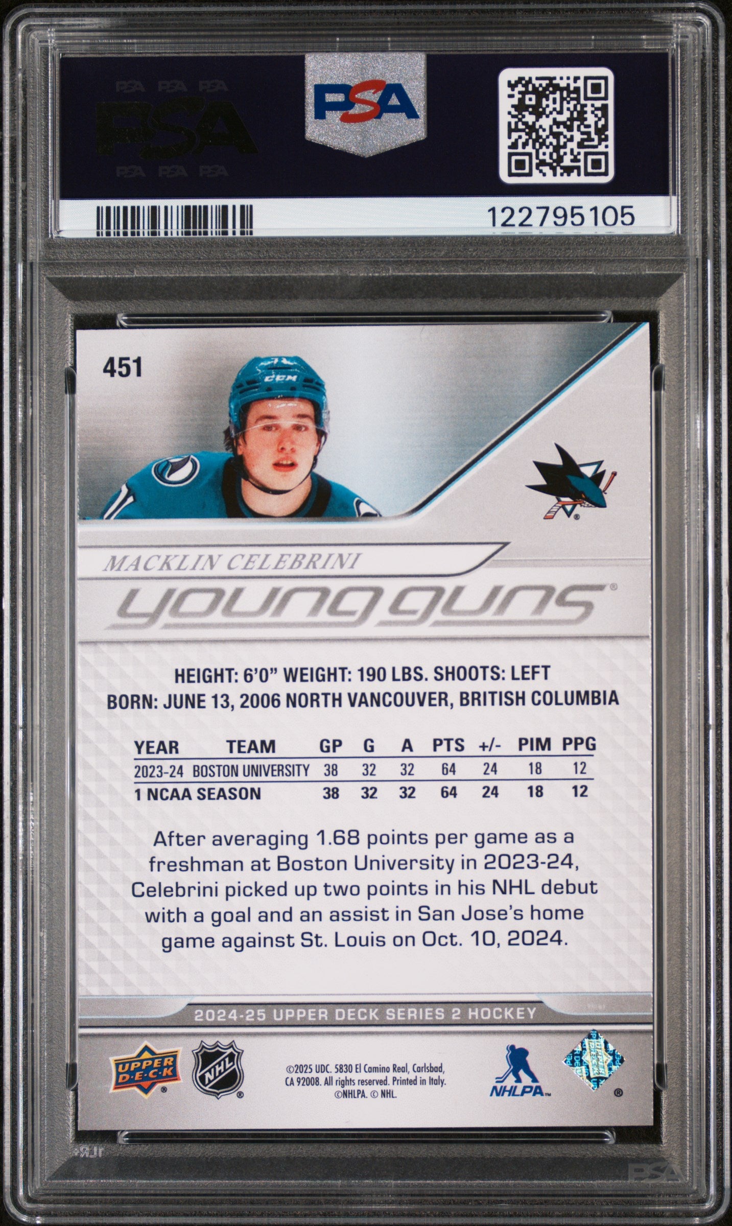 2024 Upper Deck Series 2 Young Guns Macklin Celebrini #451 PSA 9
