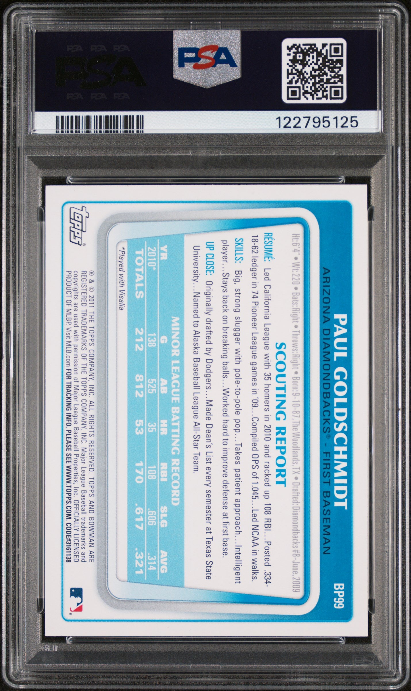 2011 Bowman Prospects Paul Goldschmidt #BP99 PSA 10