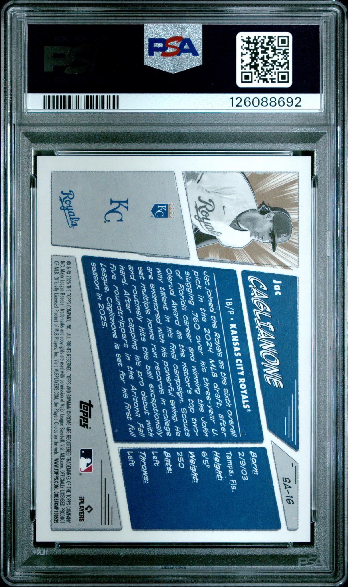 2025 Topps Bowman Anime Black Refractor Jac Caglianone #BA16 RC /10 PSA 9