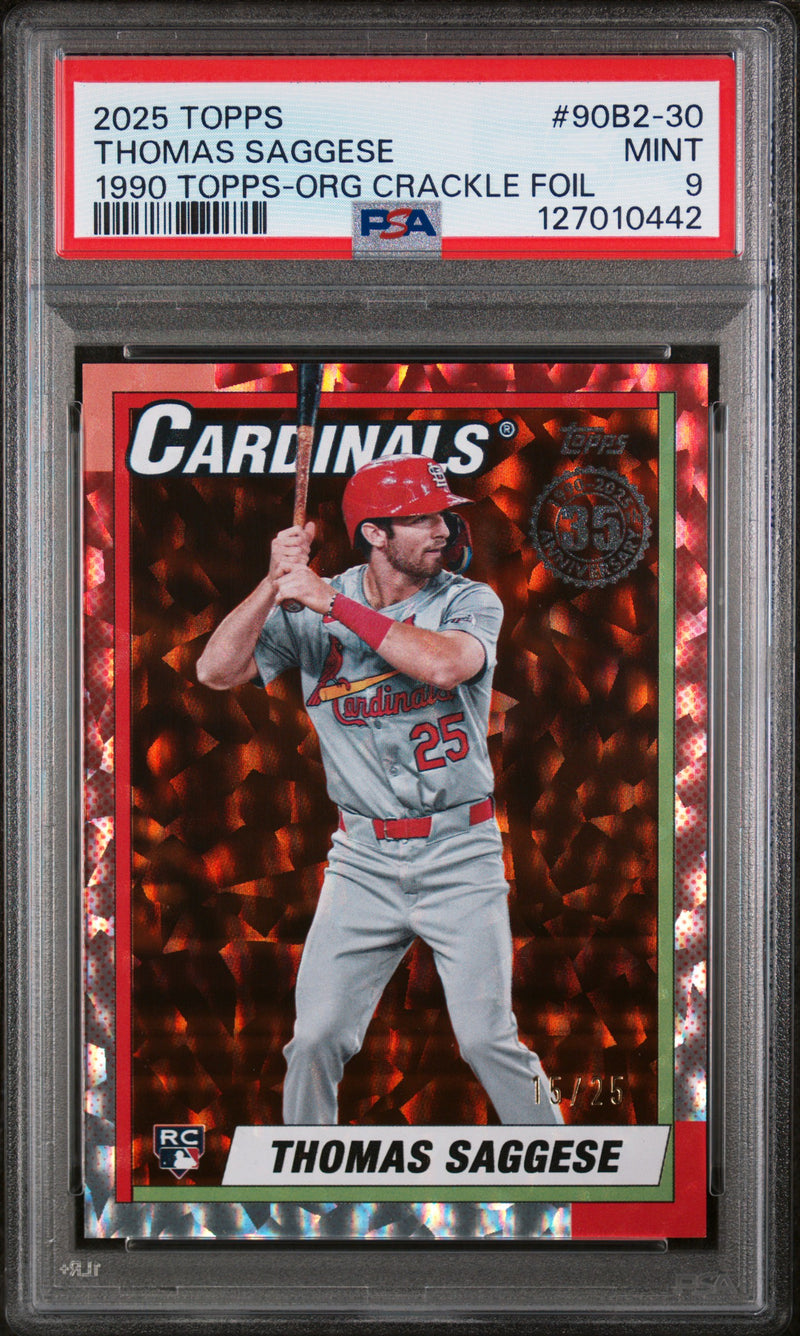 2025 Topps 1990 Topps Baseball Series 2-Orange Crackle Foil Thomas Saggese #90B2-30 /25 PSA 9