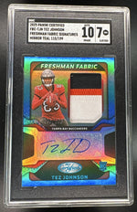 2025 Certified Tez Johnson Rookie RC Freshman Fabrics Patch Auto Mirror Teal /199 SGC 7