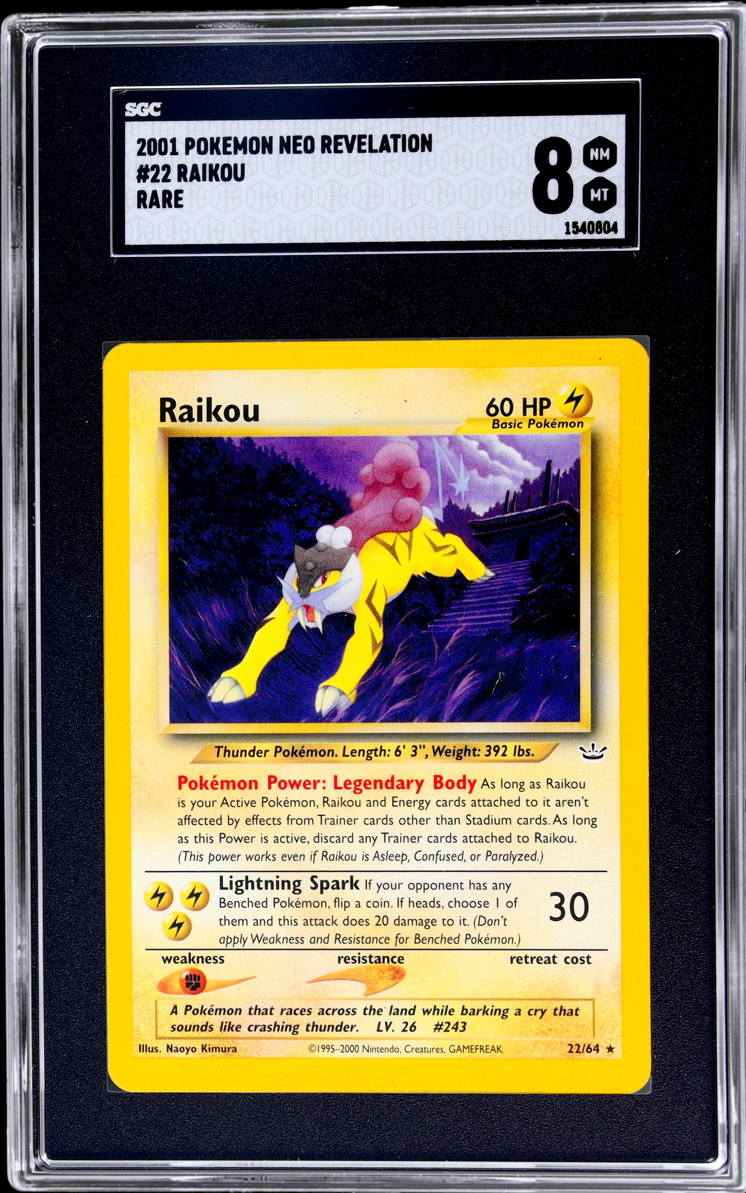2001 Pokémon Neo Revelation Raikou #22 Rare SGC 8