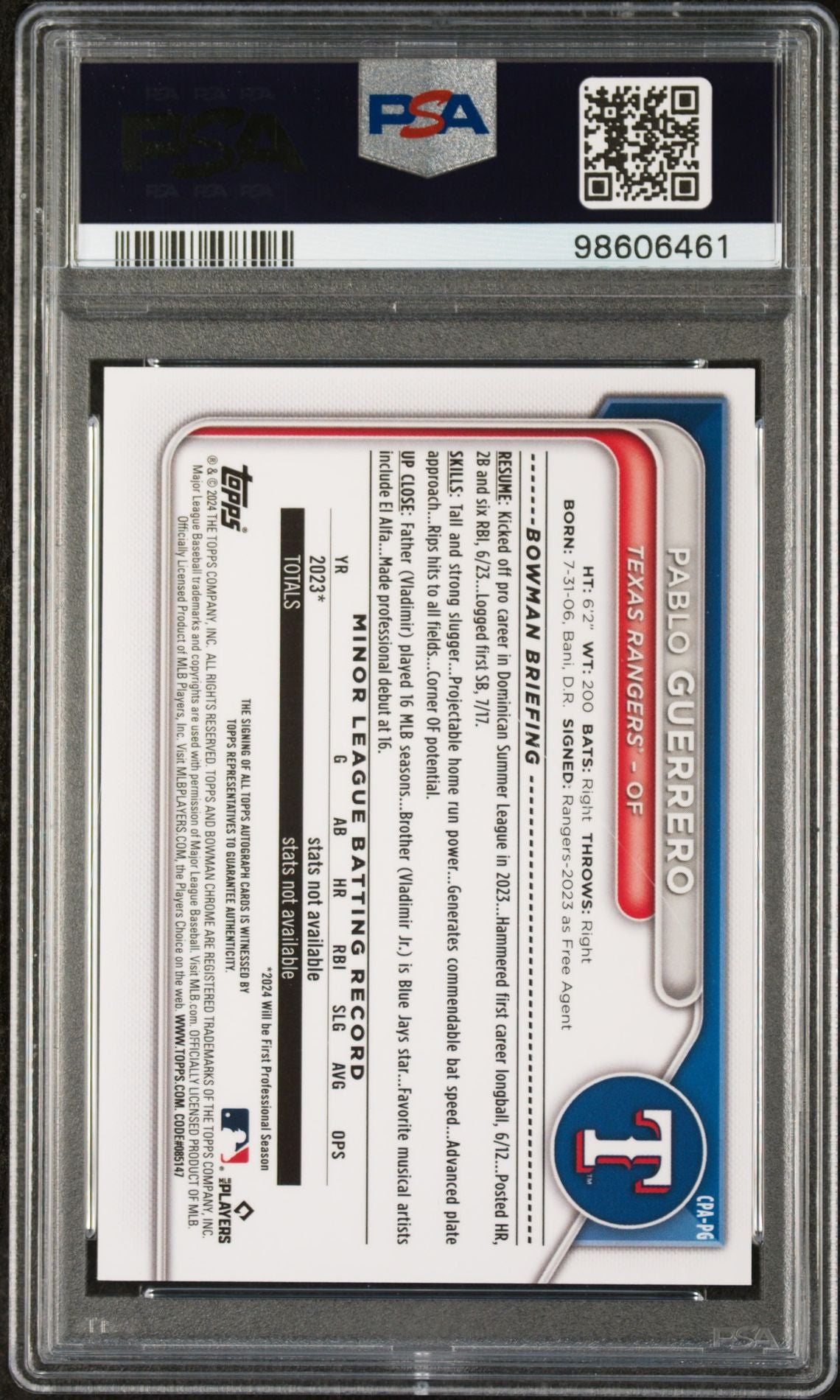 2024 Bowman Chrome Blue RayWave Pablo Guerrero #CPA-PG Auto /150 PSA 9
