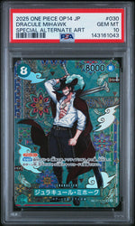 2025 One Piece Japanese Op14-The Azure Sea's Seven Special Alternate Art Dracule Mihawk #030 PSA 10