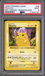 1999 Pokemon Base Set Red Cheeks Shadowless Pikachu #58 PSA 9