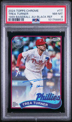 2024 Topps Chrome 1989 Topps Baseball Autographs 1989 Baseball Au-Black Ref Trea Turner #TT /10 PSA 8